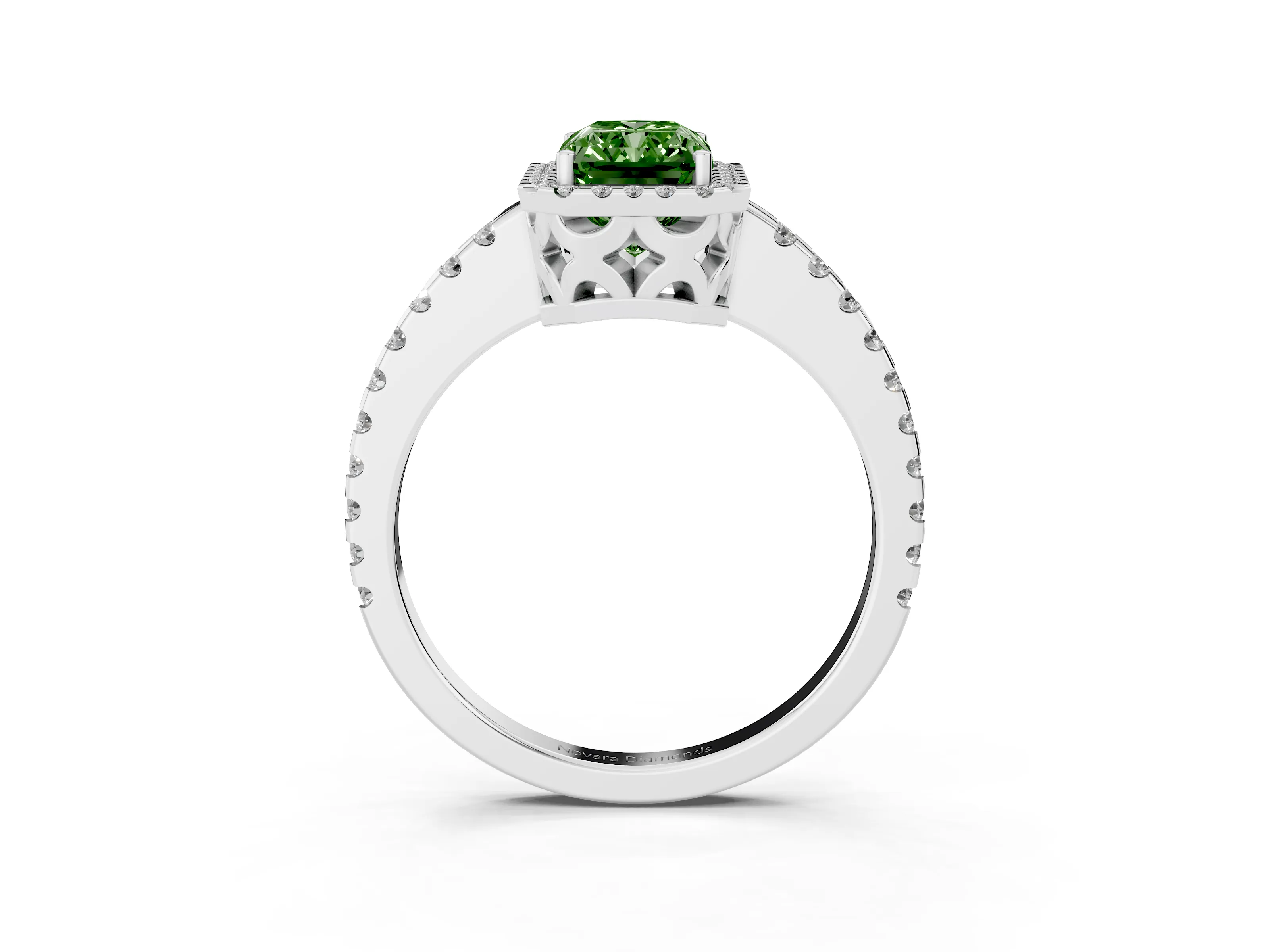 Fancy Green Radiant Cut Diamond Halo Ring Set in Platinum with Pavé Shoulders and Halo-Framed Center