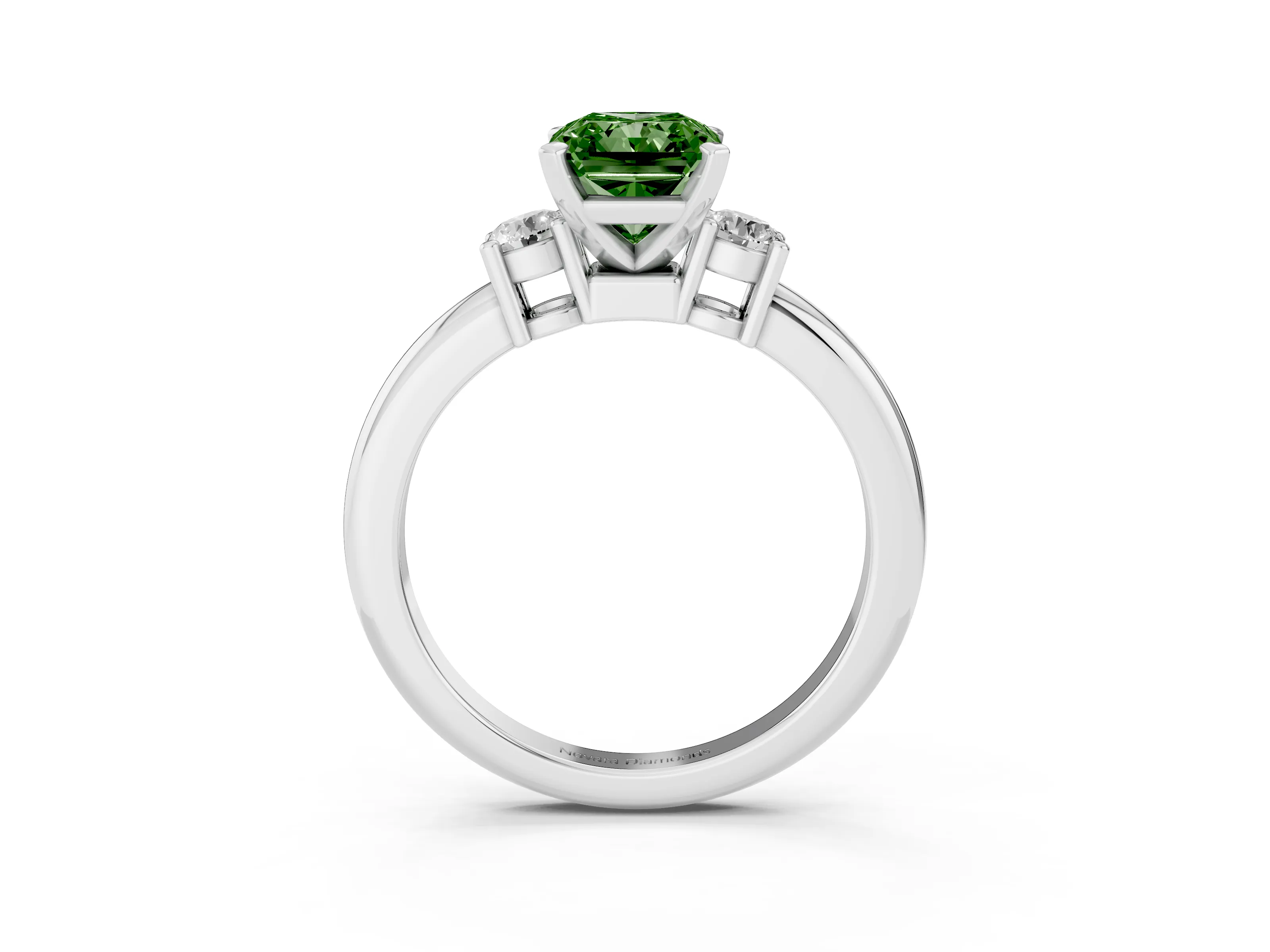 Fancy Green Three-Stone Radiant Cut Diamond Ring Set in Silver with Prong Setting and Plain Band