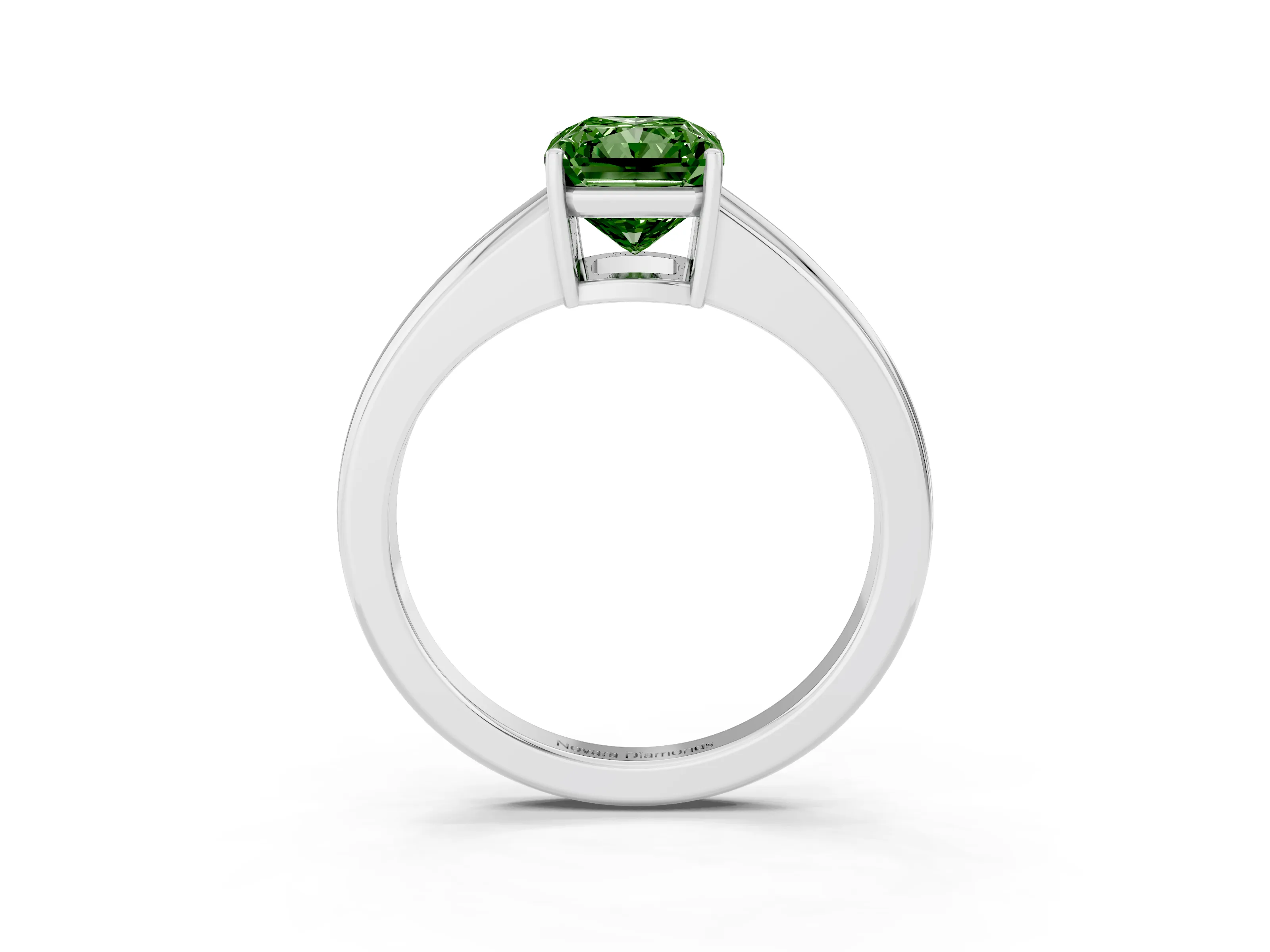 Fancy Green Radiant Cut Diamond Solitaire Ring Set in White gold with Tapered Band and Prong Setting