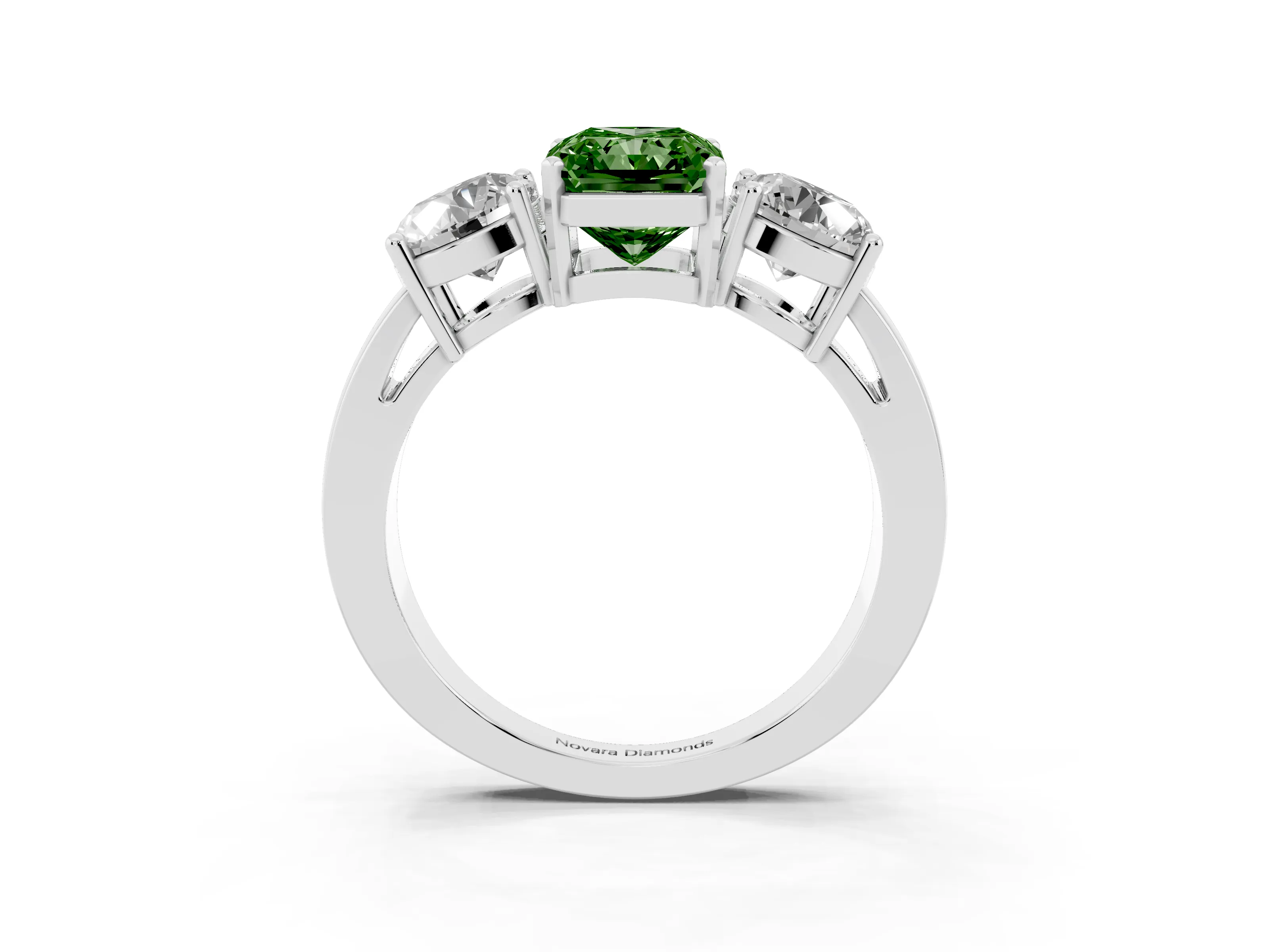 Fancy Green Radiant Cut Diamond Three-Stone Ring Set in Platinum with Round Side Stones and Classic Band