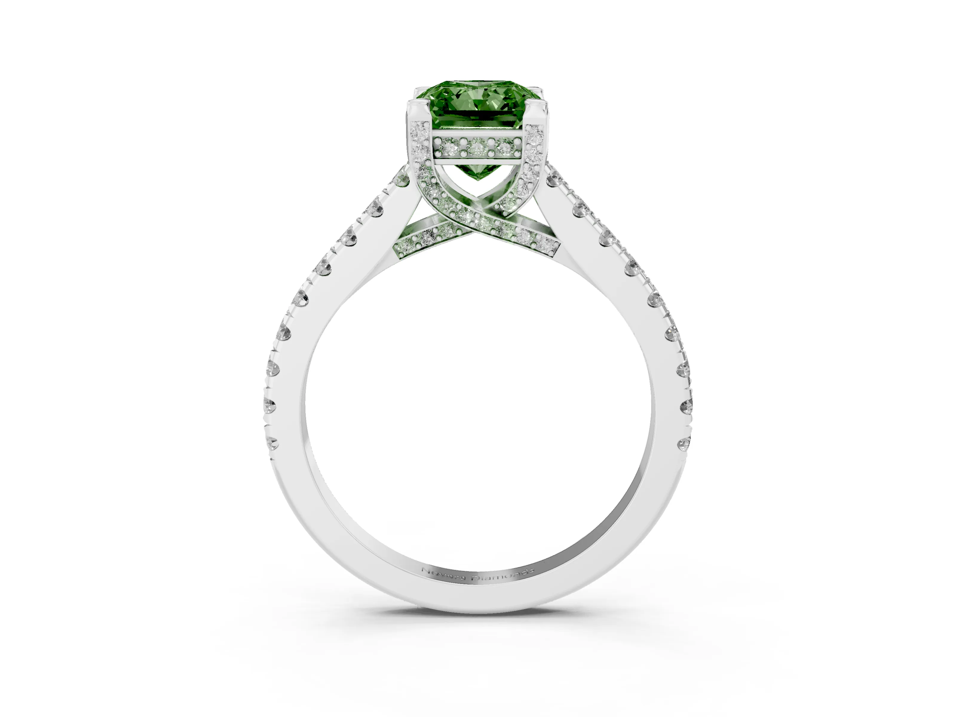 Fancy Green Radiant Cut Diamond Solitaire Ring Set in Silver with Brilliant Pavé Band and Prong Setting
