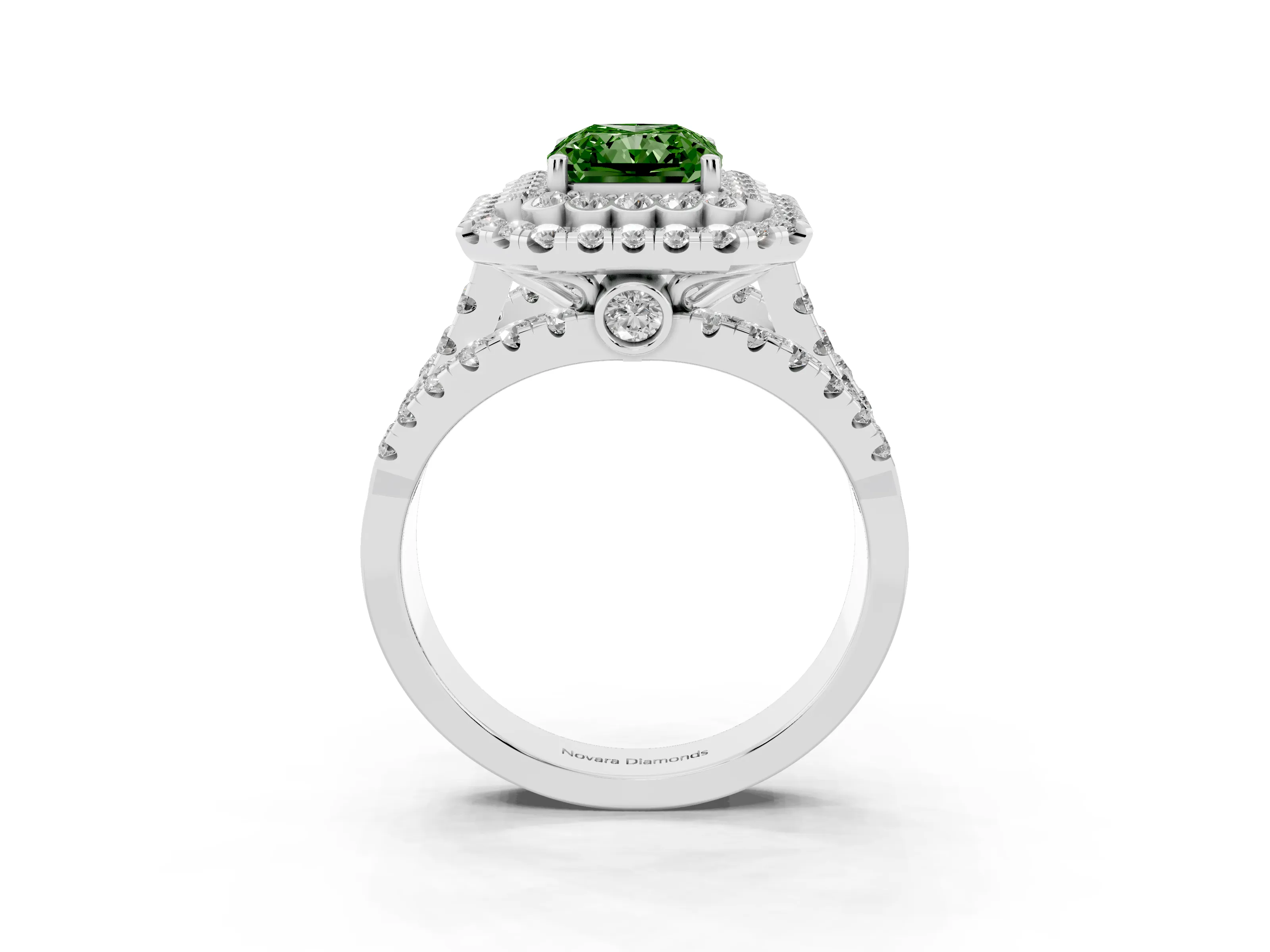 Fancy Green Radiant Cut Diamond Double Halo Ring Set in White gold with Round Pavé Split Shank