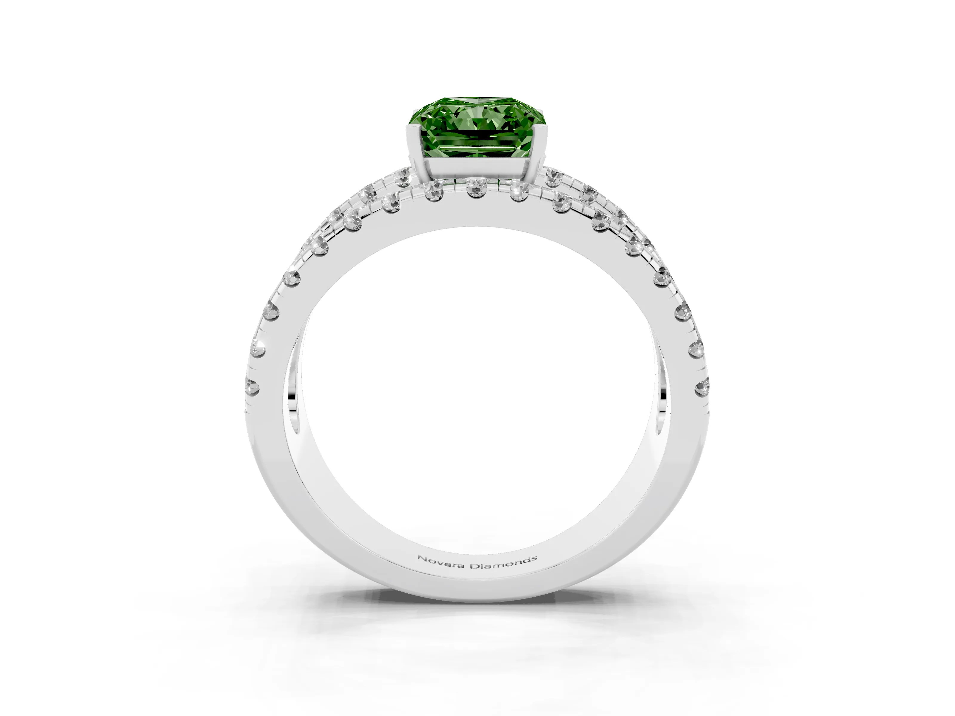 Fancy Green Radiant Cut Diamond Split Shank Pavé Solitaire Ring Set in Silver with Open Shank Design