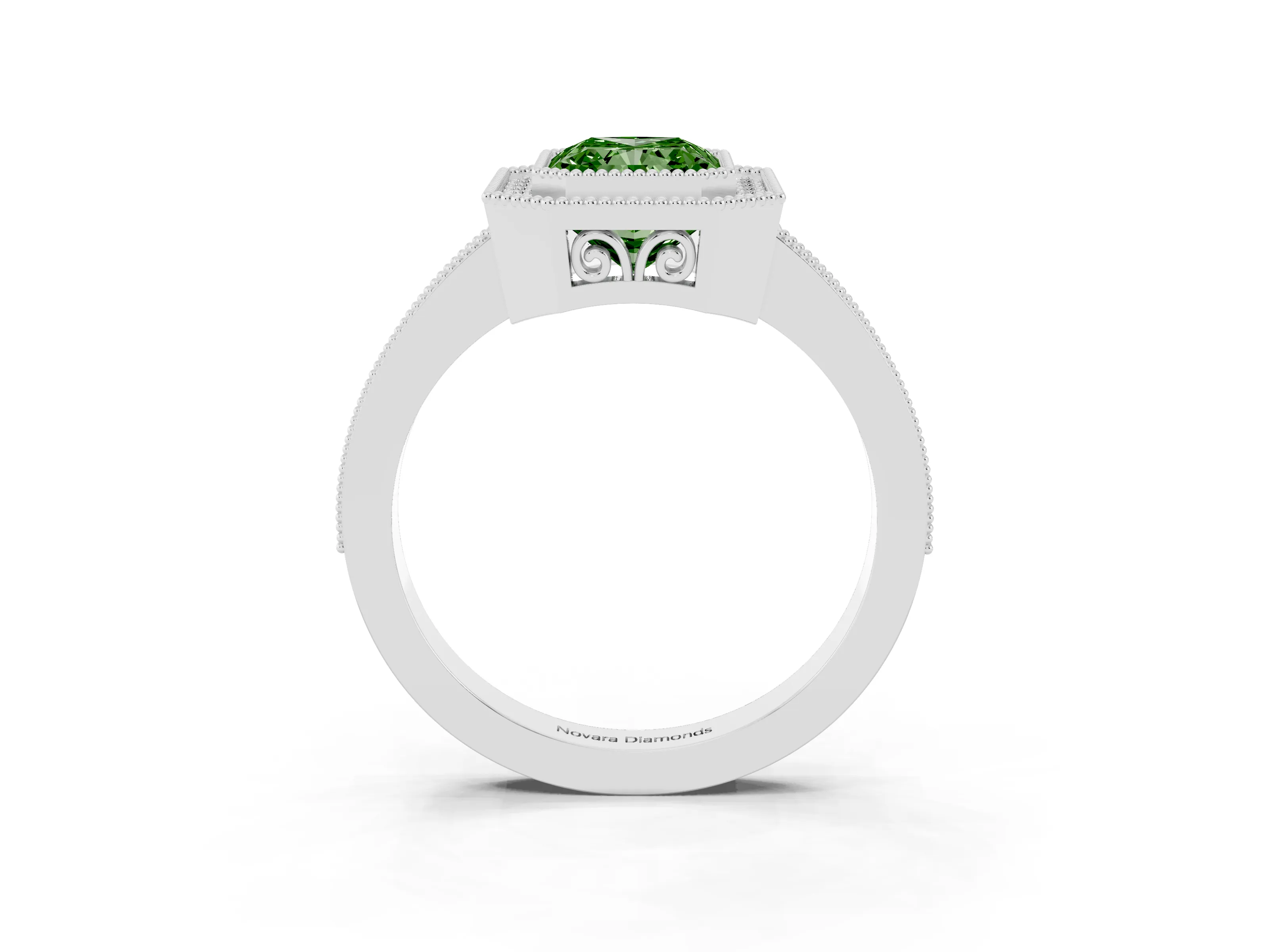 Fancy Green Radiant Cut Diamond Halo Ring Set in White gold with Pavé Band and Milgrain-Edged Prongs