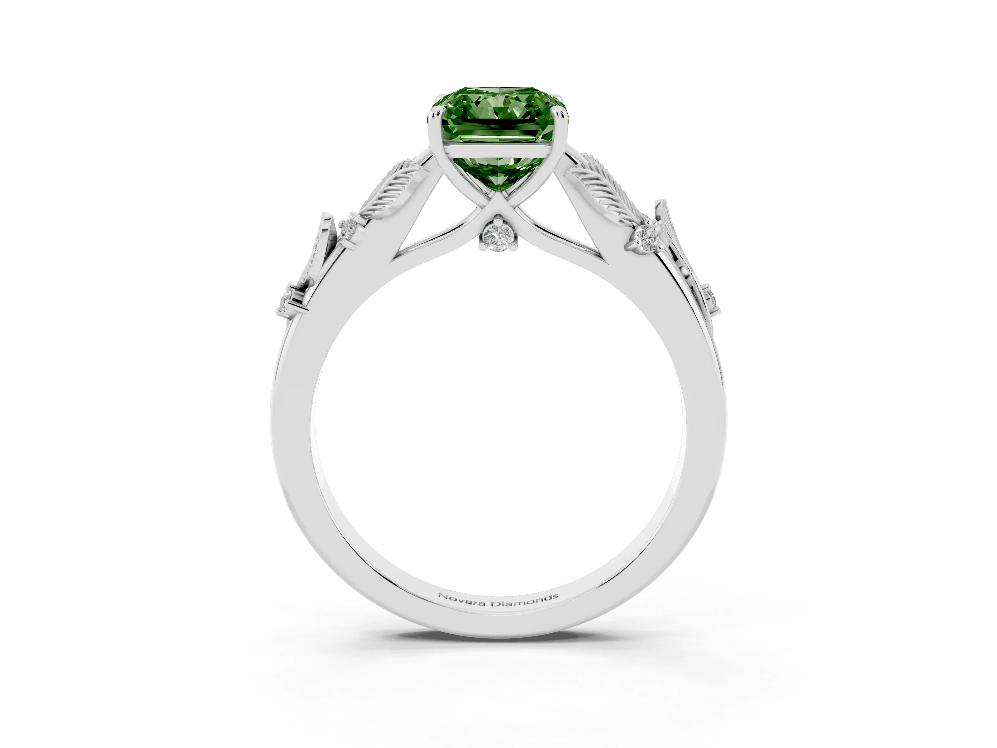Fancy Green Radiant Cut Diamond Solitaire Ring Set in Platinum with Leaf Motif Band