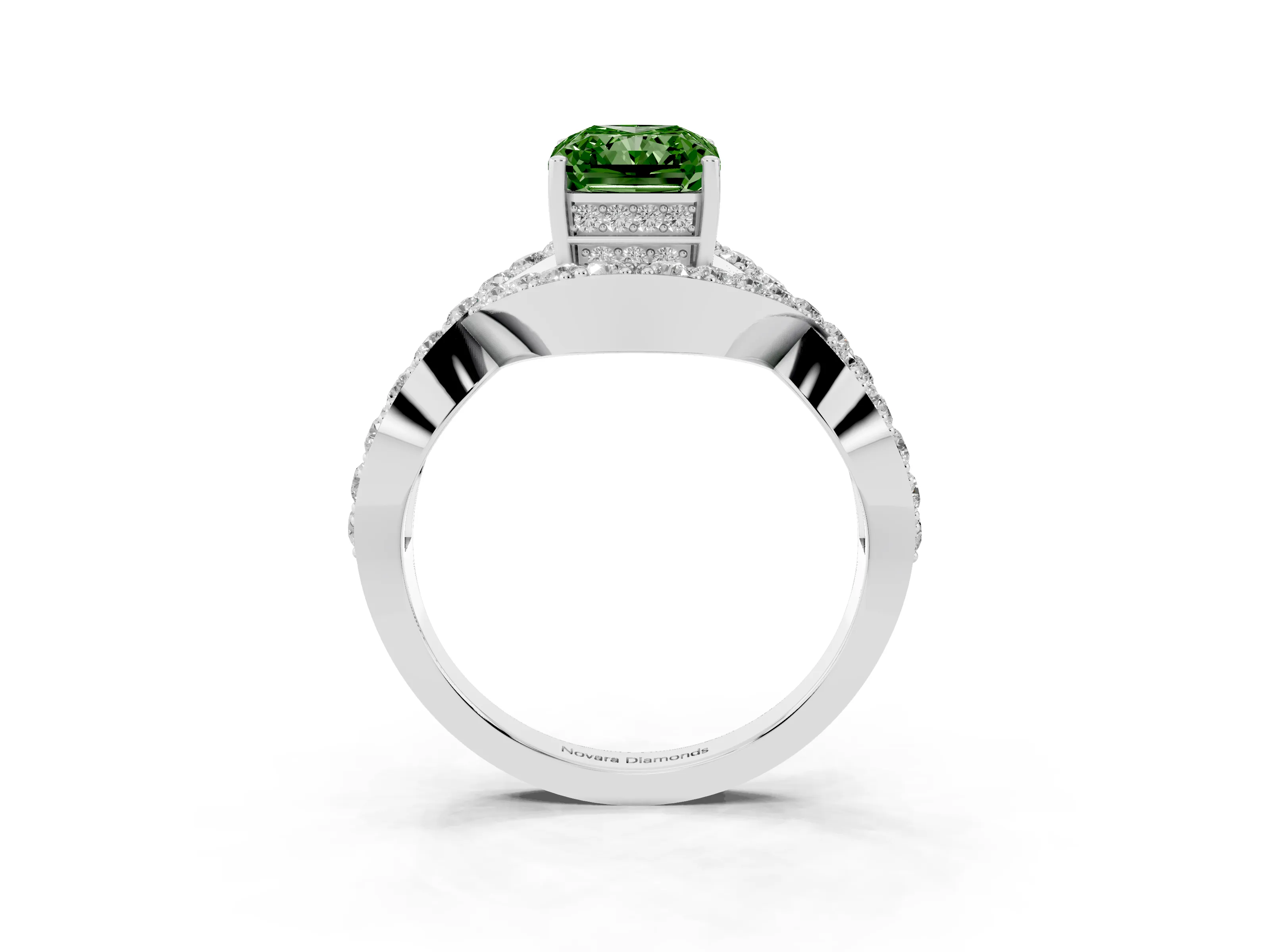 Fancy Green Radiant Cut Diamond Solitaire Twist Band Pavé Engagement Ring Set in White gold