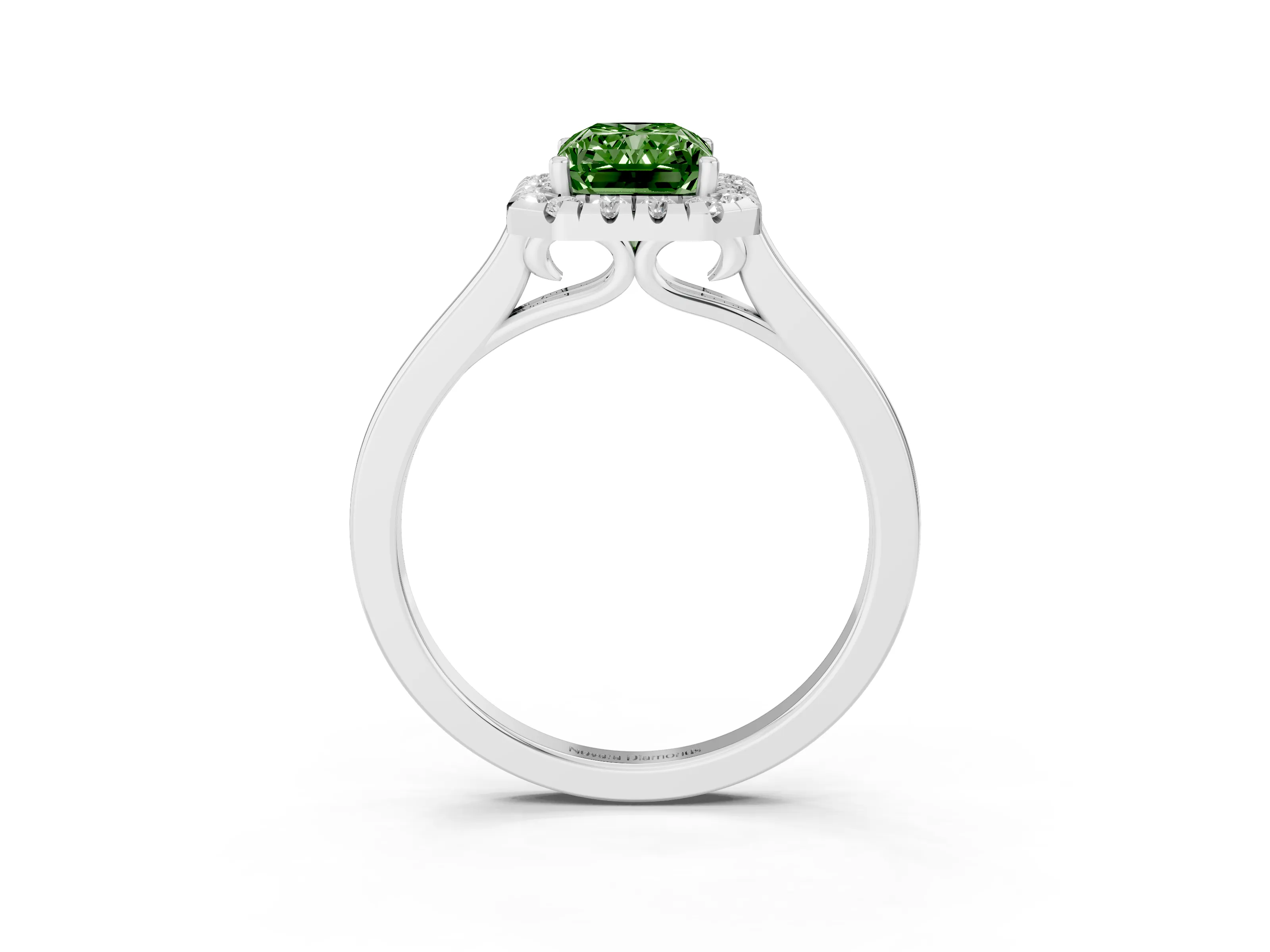 Fancy Green Radiant Cut Halo Round Diamond Solitaire Ring Set in White gold with Pavé Band and Prong Setting