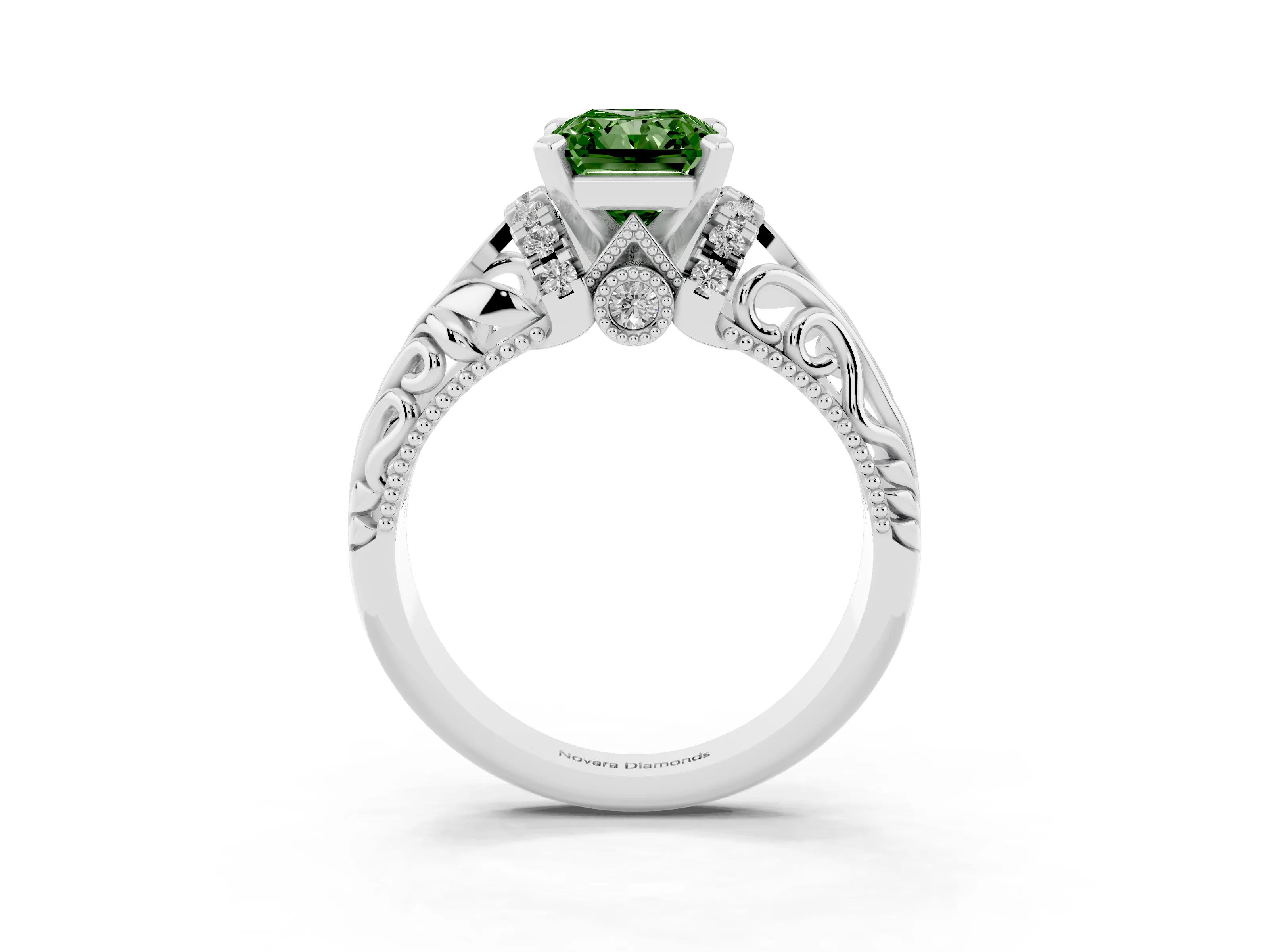 Fancy Green Radiant Cut Diamond Filigree Halo Engagement Ring Set in White gold with Prong Setting