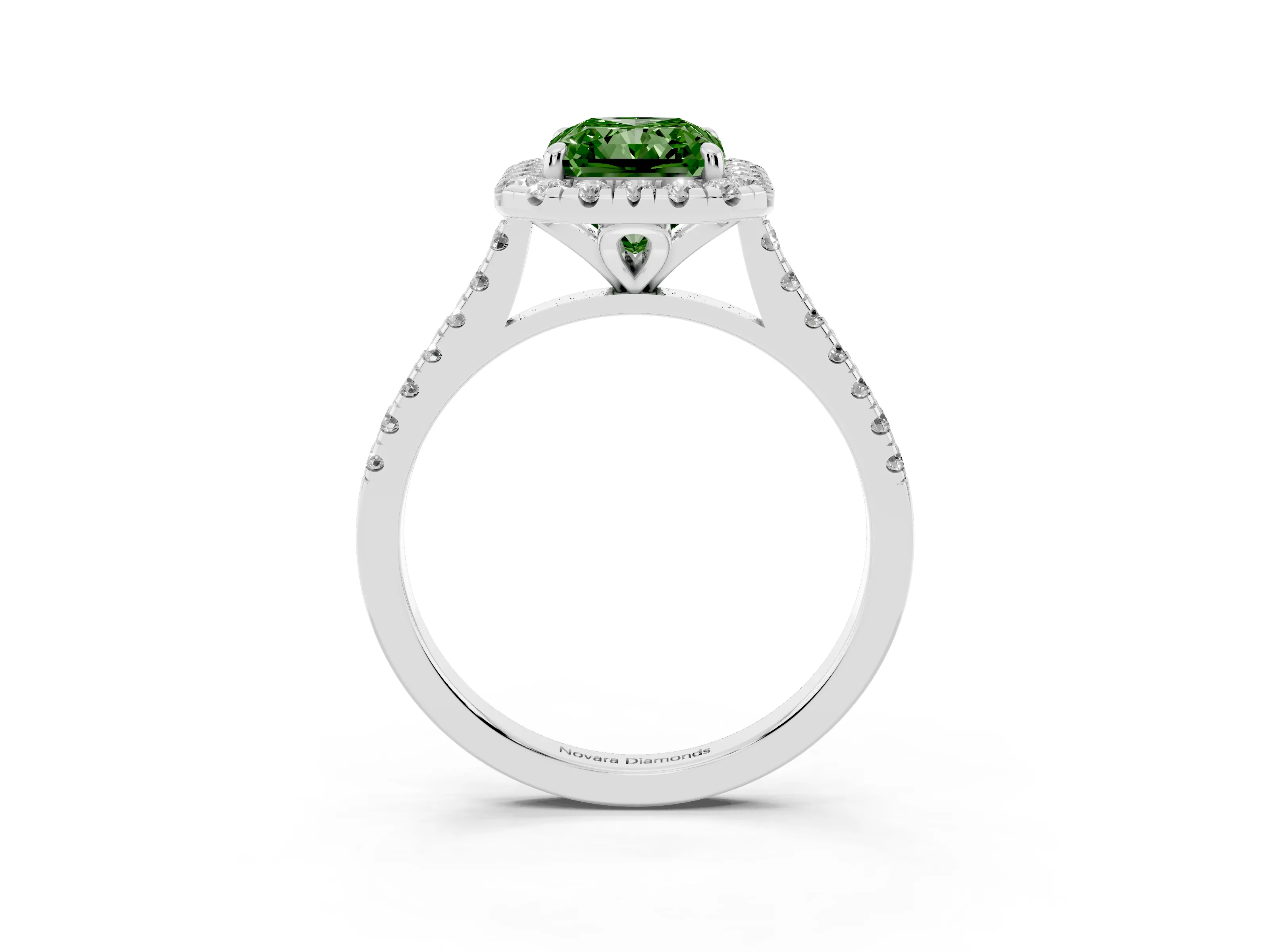 Fancy Green Radiant Cut Diamond Cushion Halo Ring Set in White gold with Pavé Band