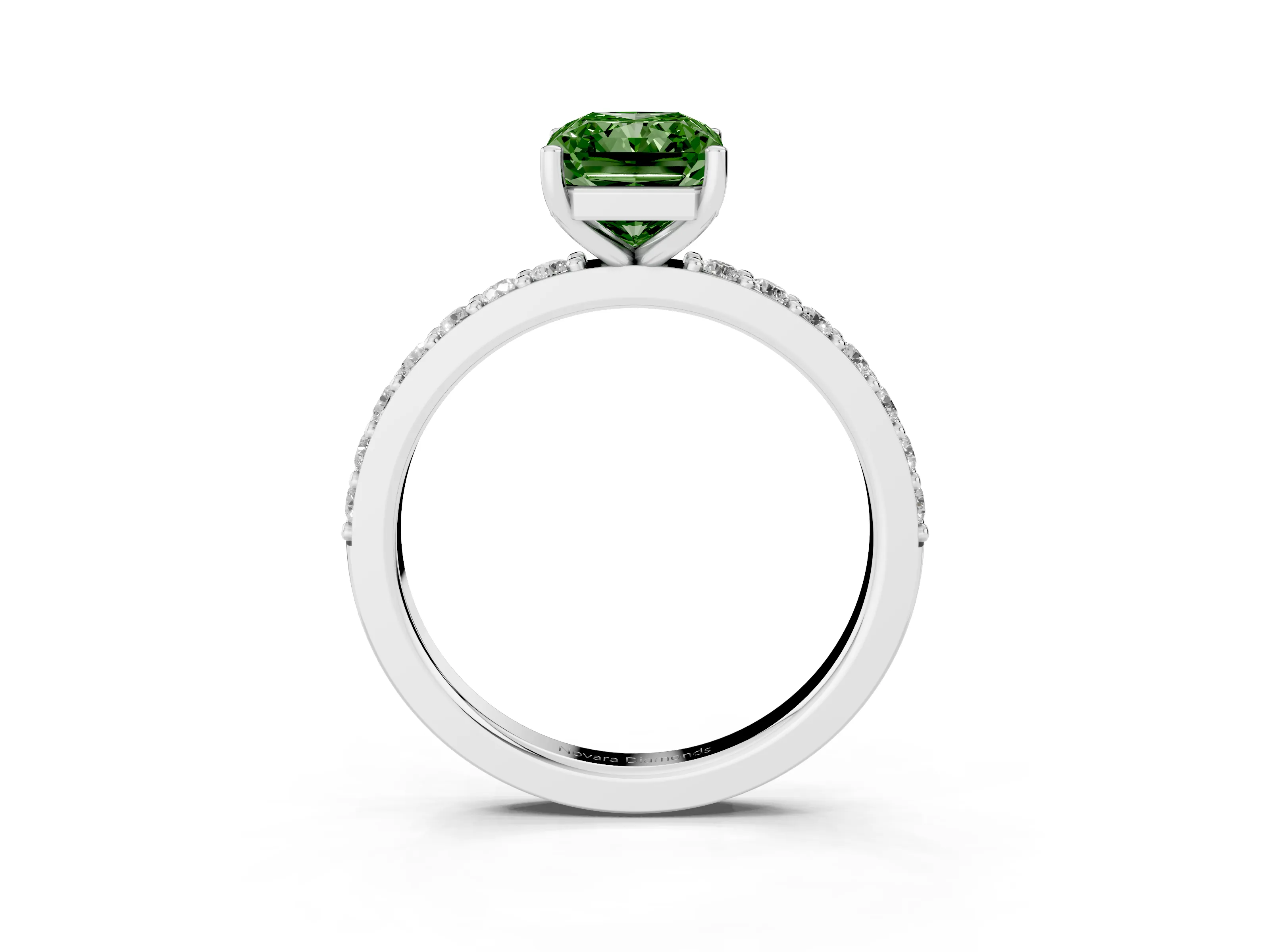 Fancy Green Radiant Cut Diamond Solitaire Set in Platinum with Round Pavé Band and Prong Setting