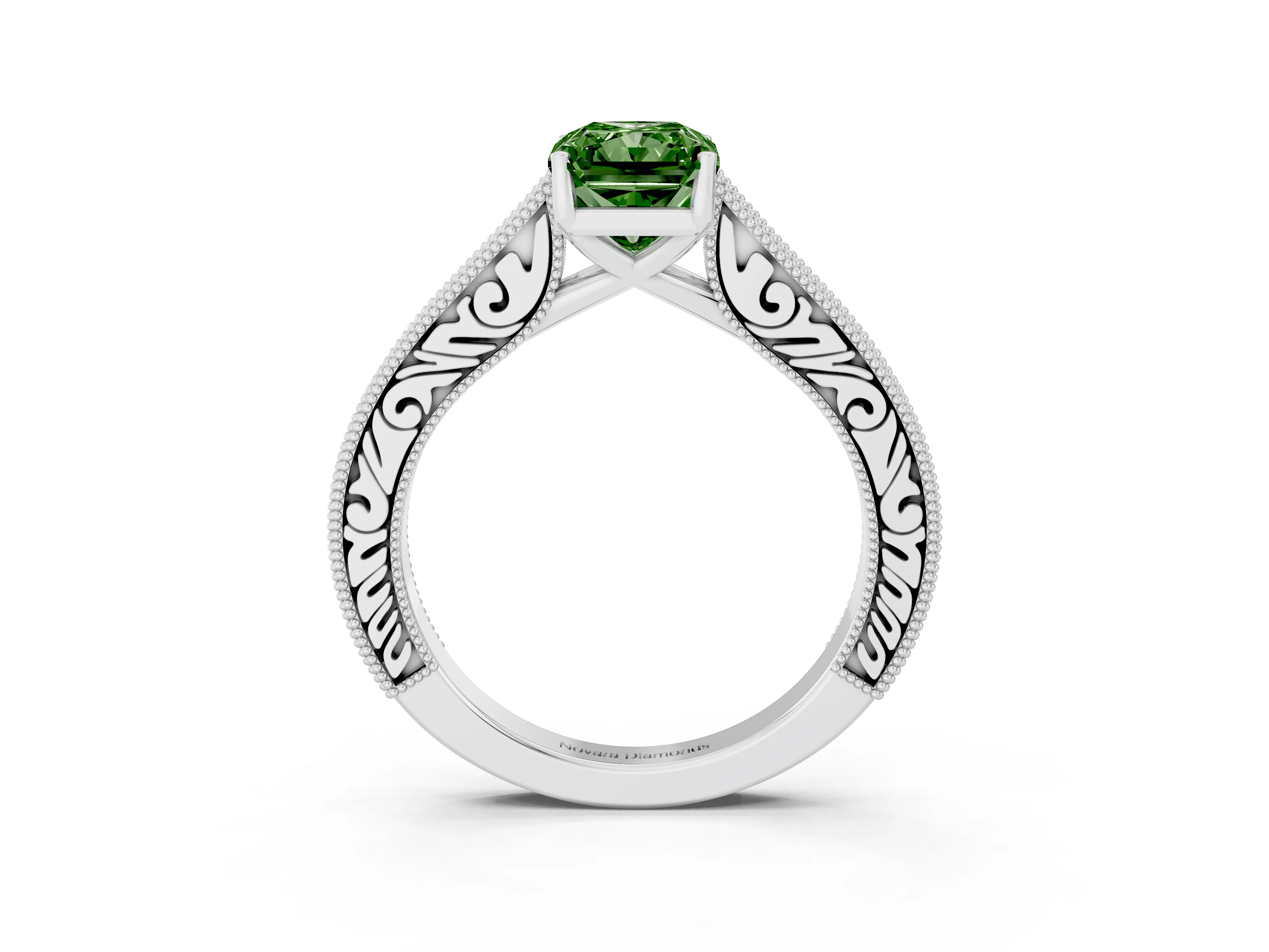 Fancy Green Radiant Cut Diamond Milgrain Pavé Band Solitaire Ring Set in Silver with Prong Setting