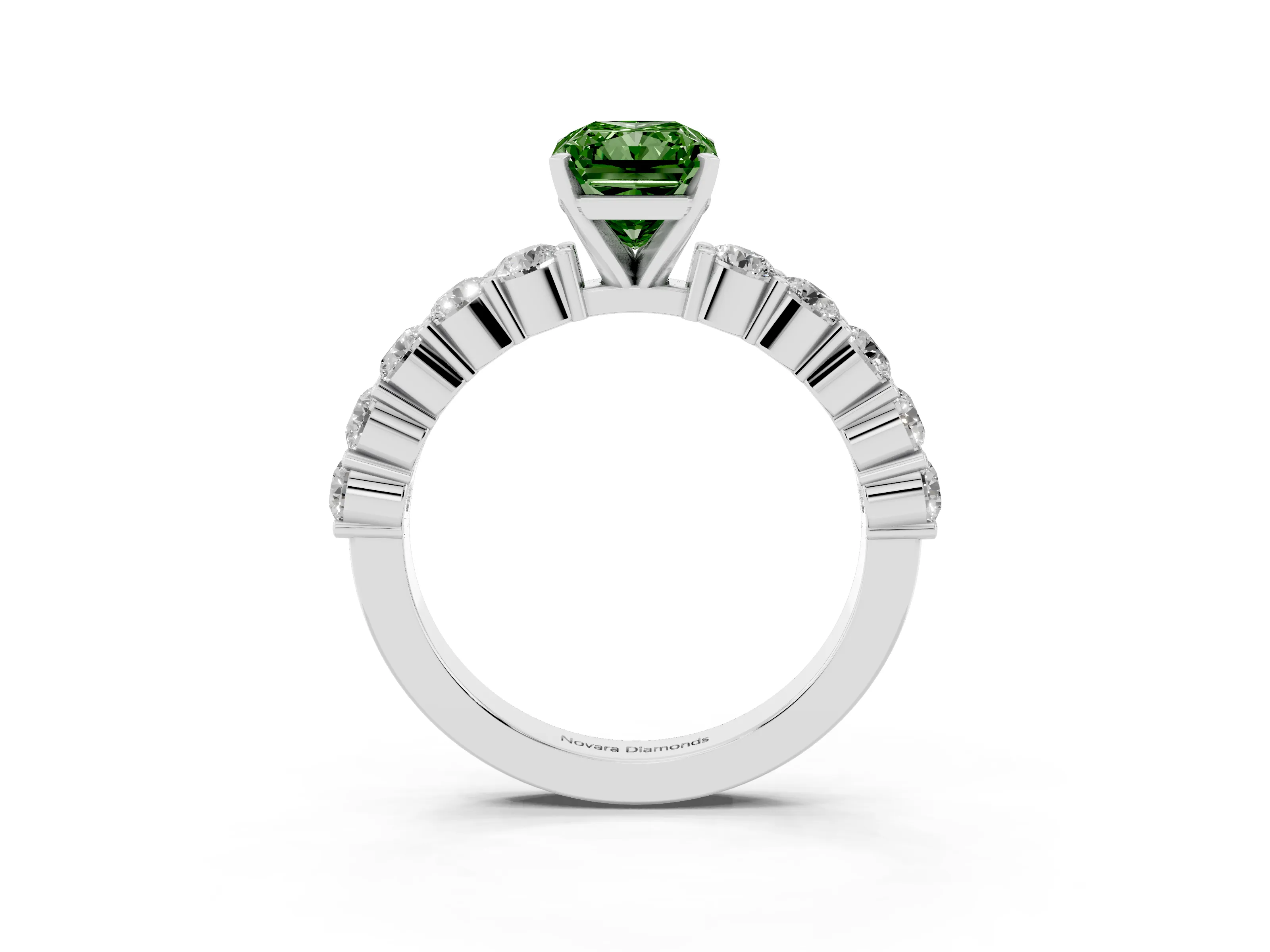 Fancy Green Radiant Cut Diamond Solitaire Ring Set in Platinum with Shared Prong Round Side Stones