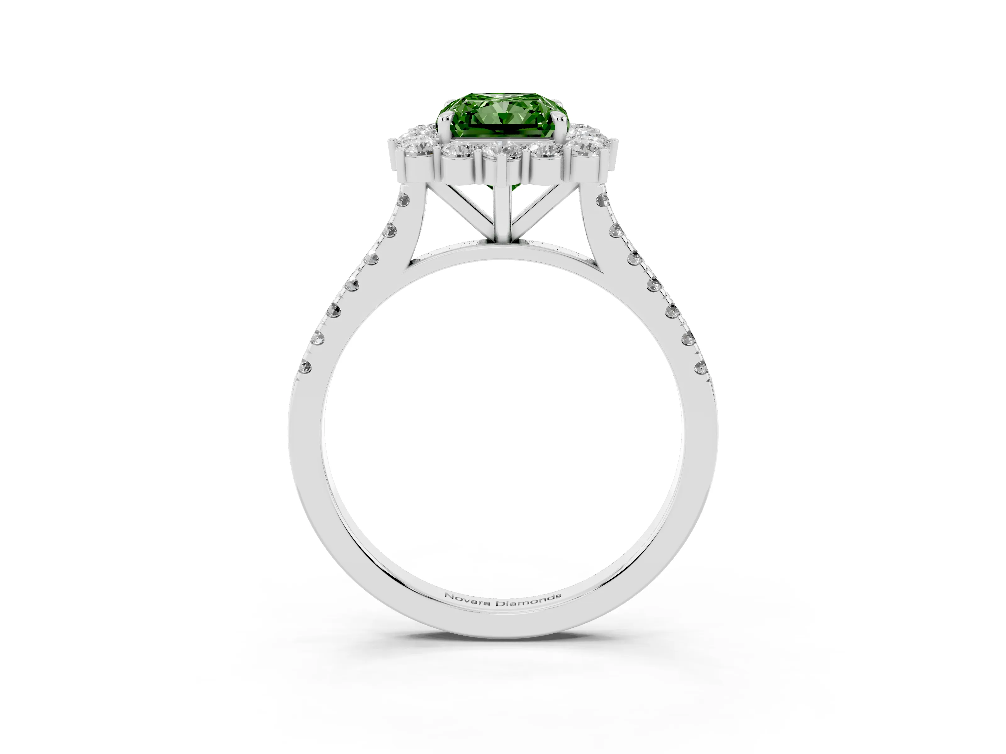 Fancy Green Radiant Cut Diamond Halo Ring Set in Silver with Pavé Band and Prong Setting