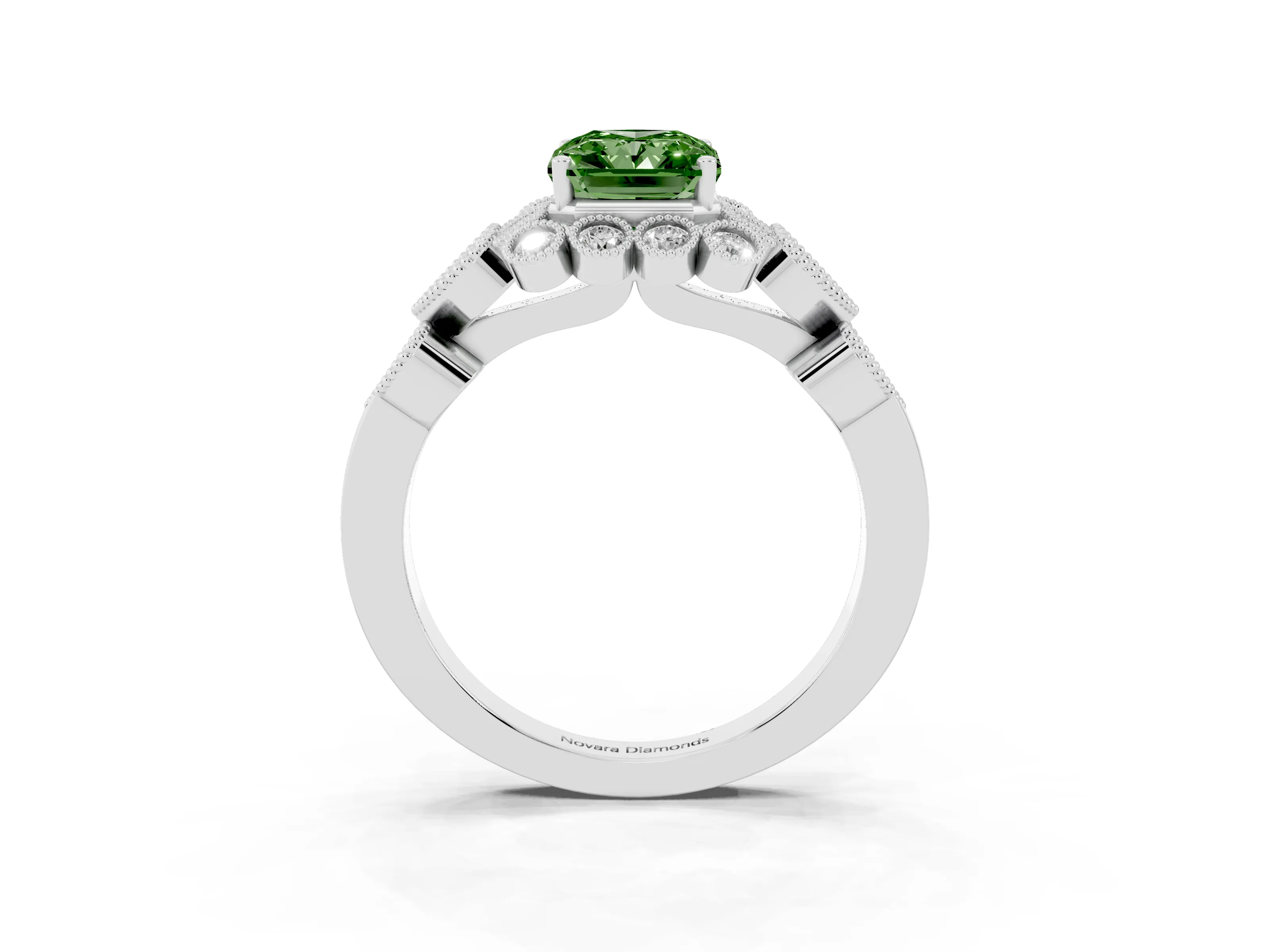 Fancy Green Radiant Cut Diamond Solitaire Ring Set in Silver with Milgrain Pavé Heart Band