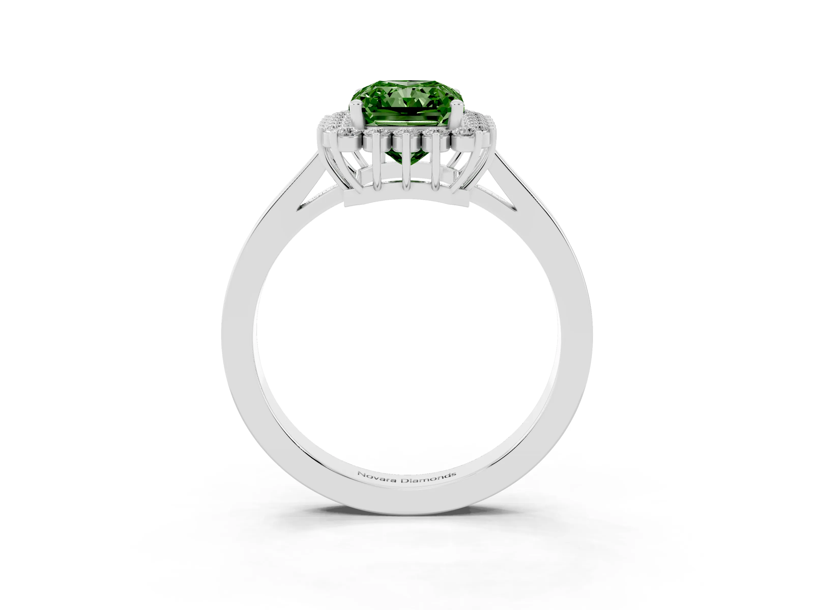 Fancy Green Radiant Cut Diamond Halo Ring Set in White gold with Round Halo and Smooth Solitaire Band