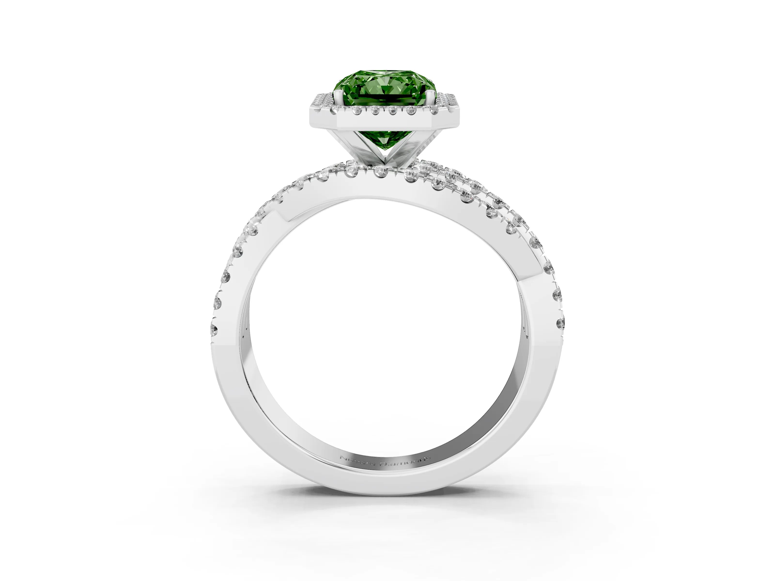Fancy Green Radiant Cut Diamond Halo Ring Set in Platinum with Round Crossover Split Shank and Prong Setting