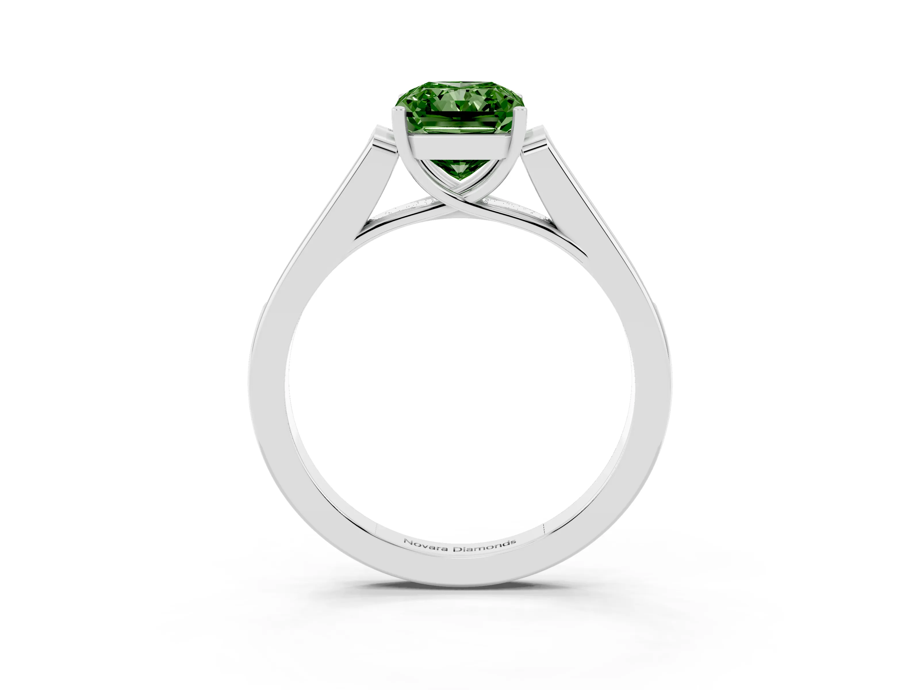 Fancy Green Radiant Cut Diamond Solitaire Cathedral Engagement Ring Set in Platinum with Channel-Set Band and Prong Setting