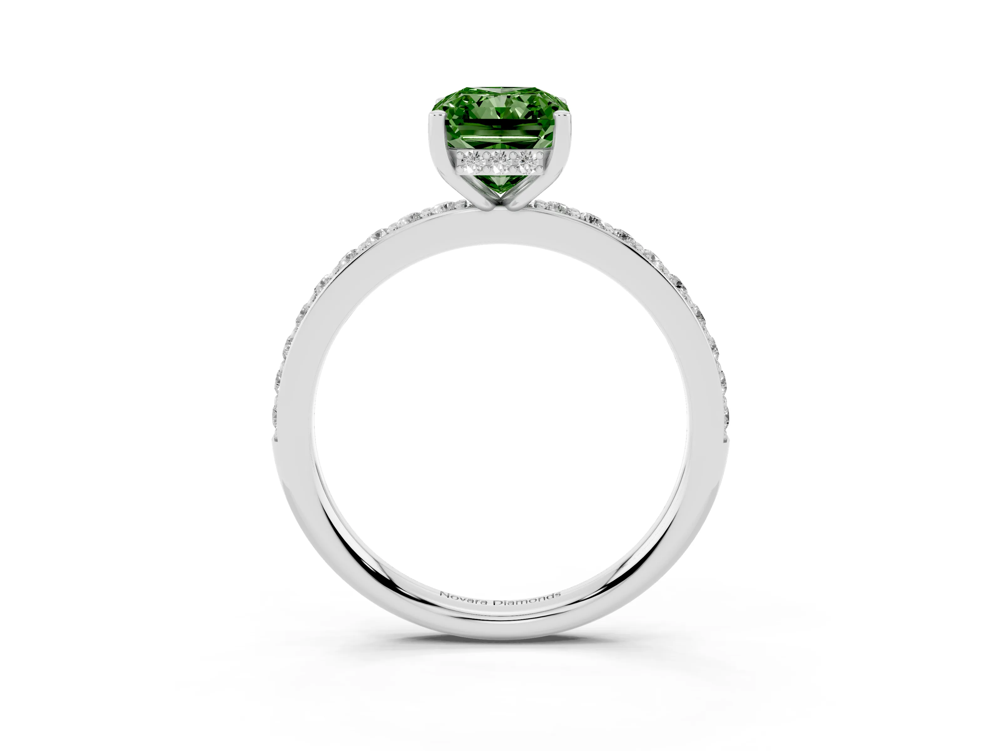 Fancy Green Radiant Cut Diamond Pavé Band Ring Set in Silver with Prong-Set Center Stone
