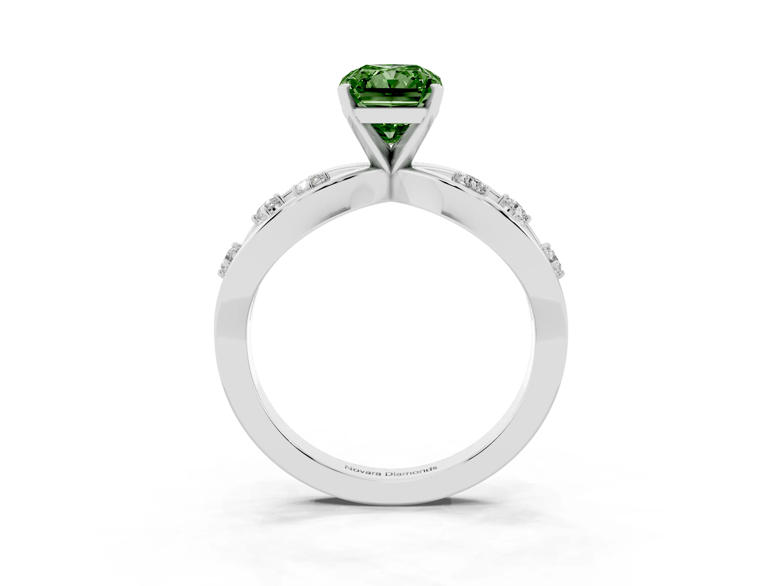 Fancy Green Radiant Cut Diamond Solitaire Ring Set in Platinum with Side Stones on Criss-Cross Band and Prong Setting