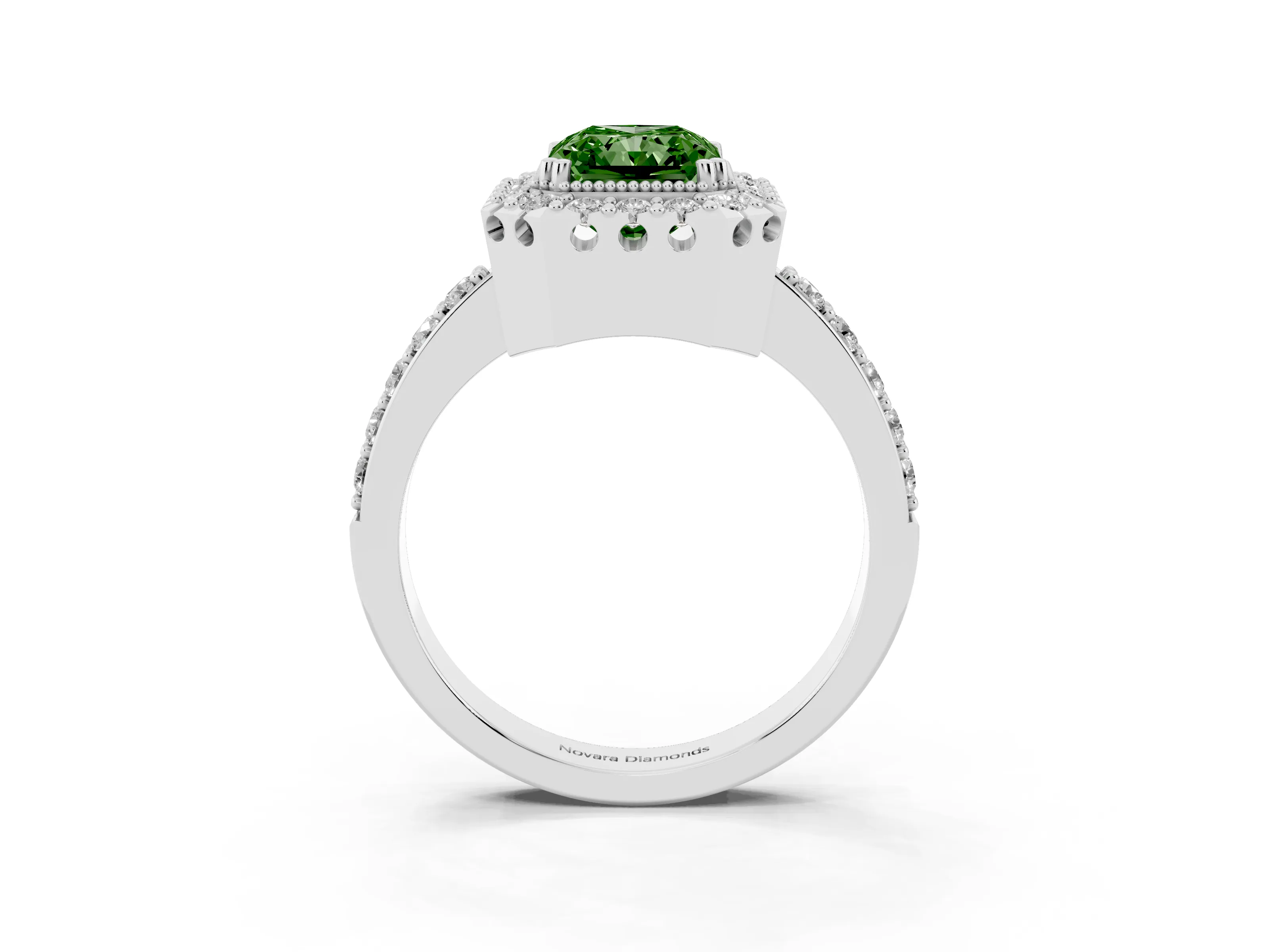 Fancy Green Radiant Cut Diamond Halo Ring Set in White gold with Pavé Shank and Prong Setting