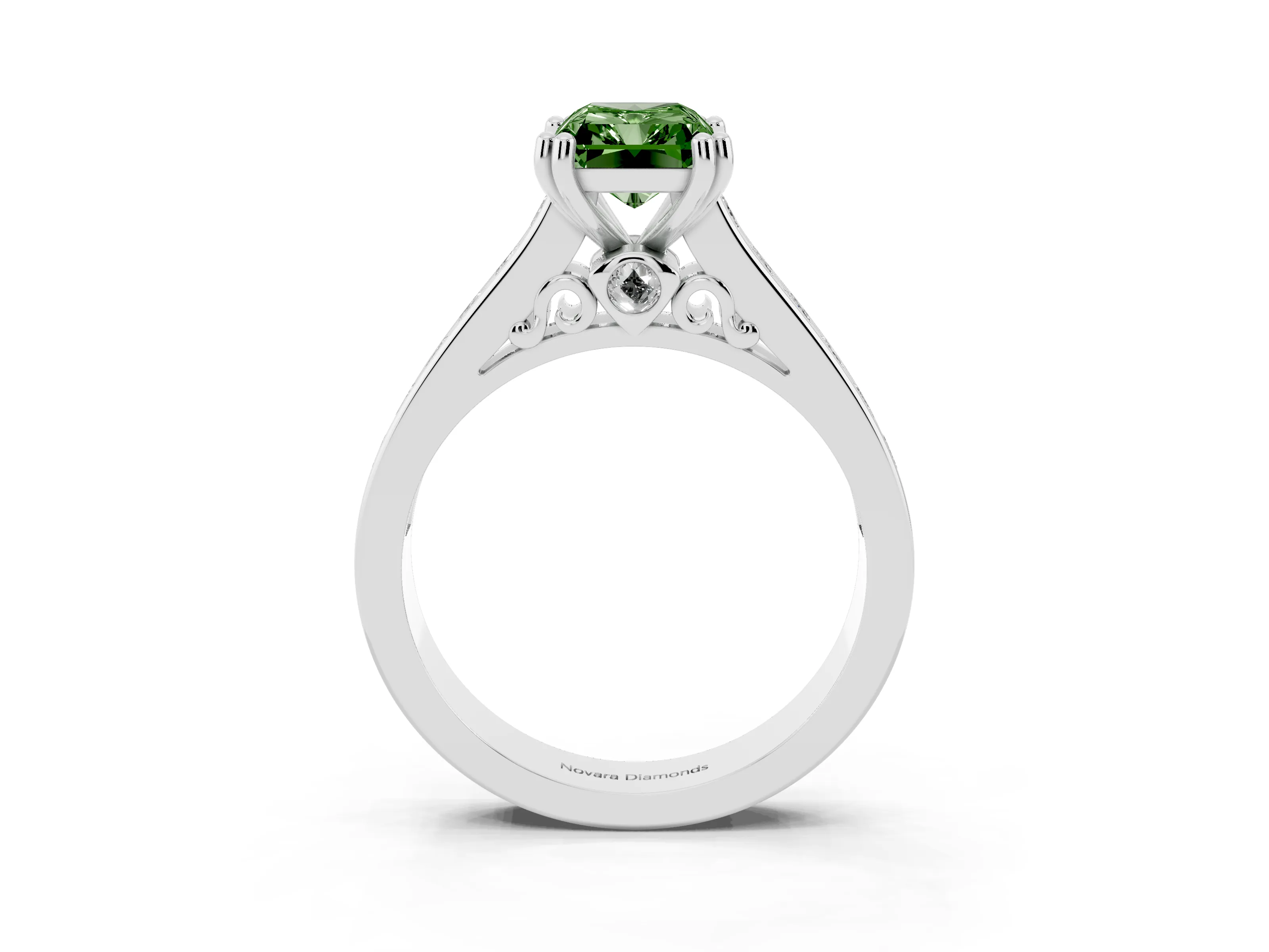 Fancy Green Radiant Cut Diamond Channel Set Solitaire Engagement Ring Set in Platinum with Prong Setting