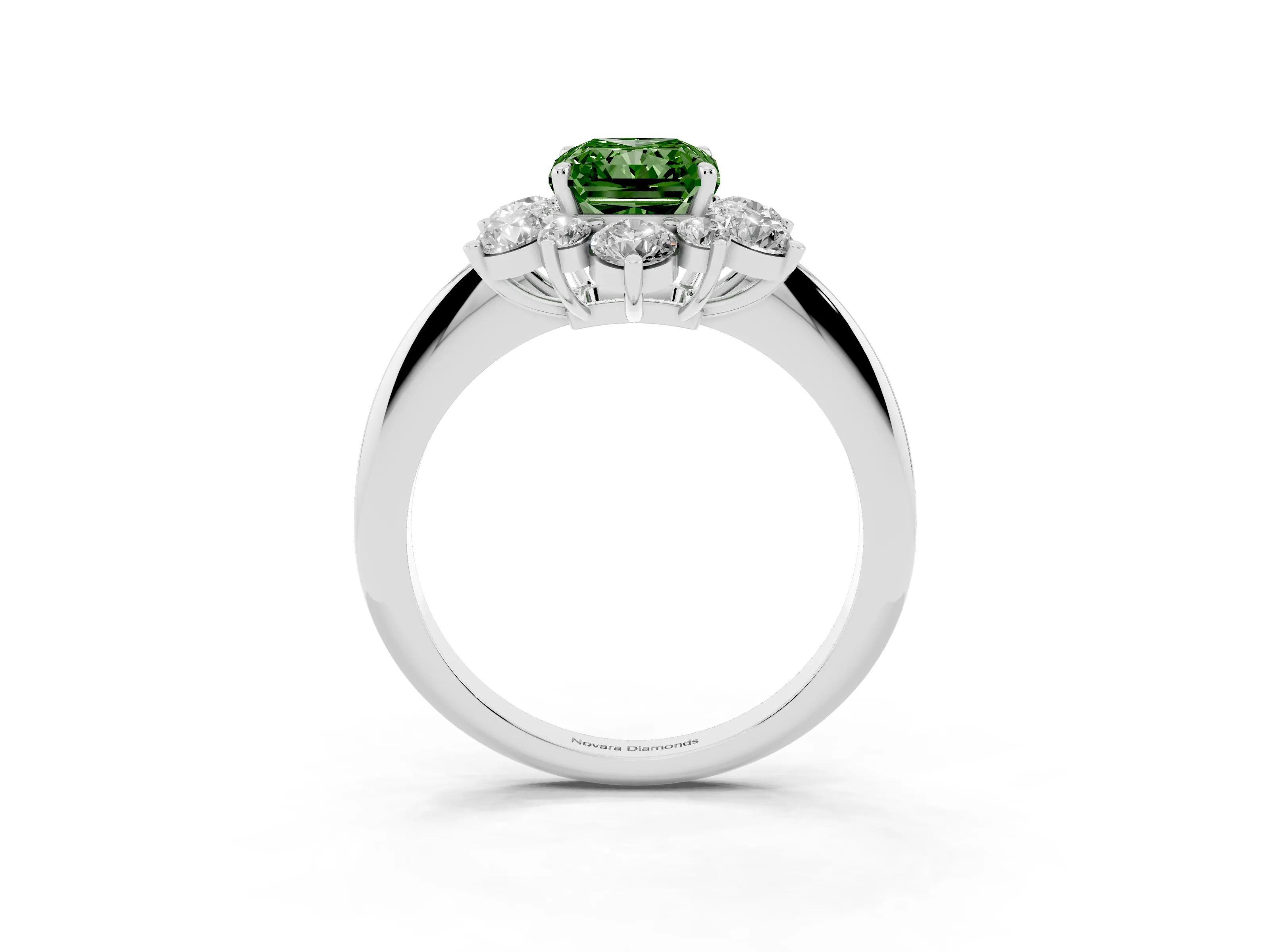Fancy Green Radiant Cut Diamond Cluster Halo Ring Set in Silver with Solitaire Band and Prong Setting