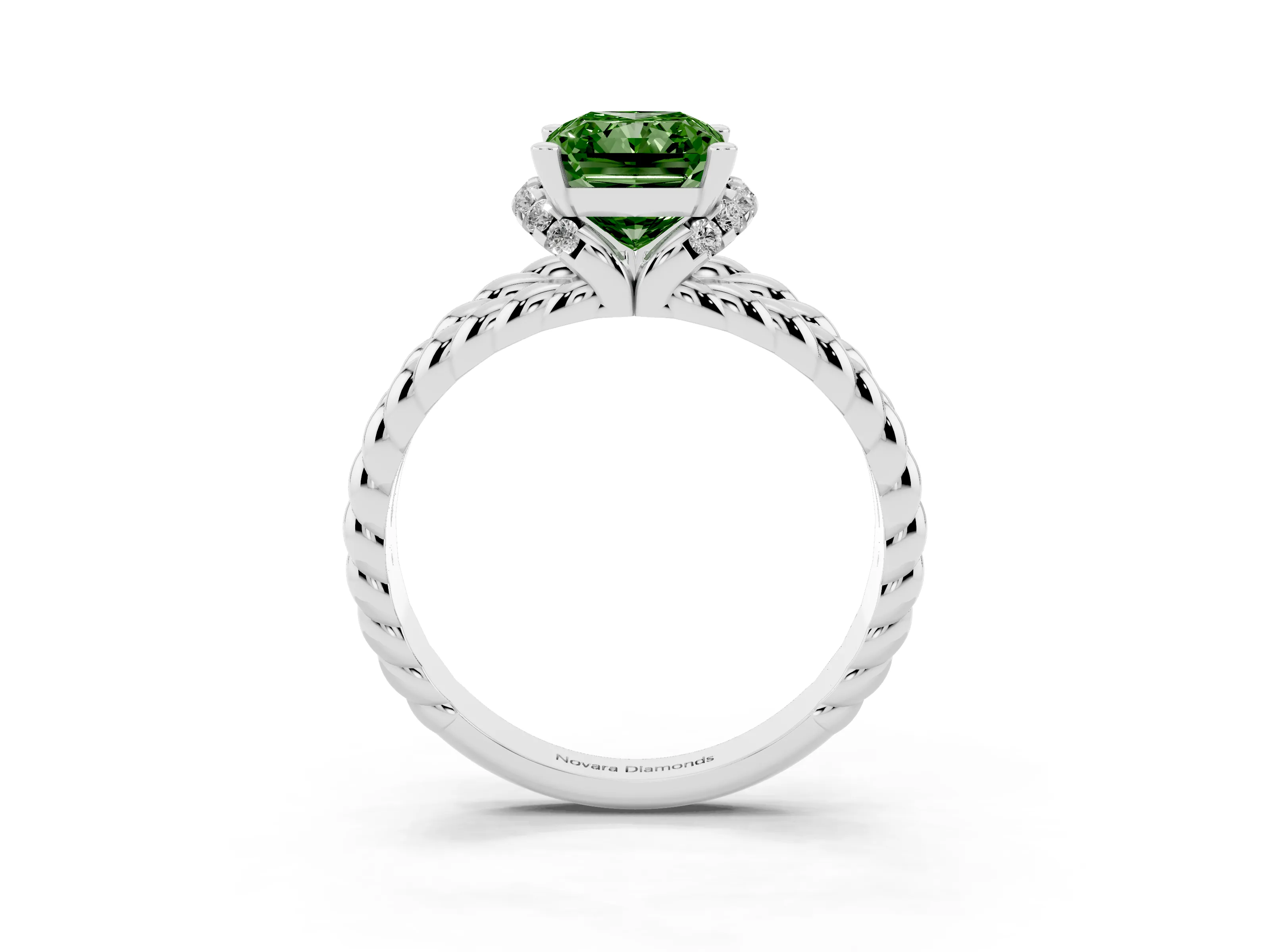 Fancy Green Radiant Cut Diamond Halo Ring Set in White gold with Twisted Band and Prong Setting