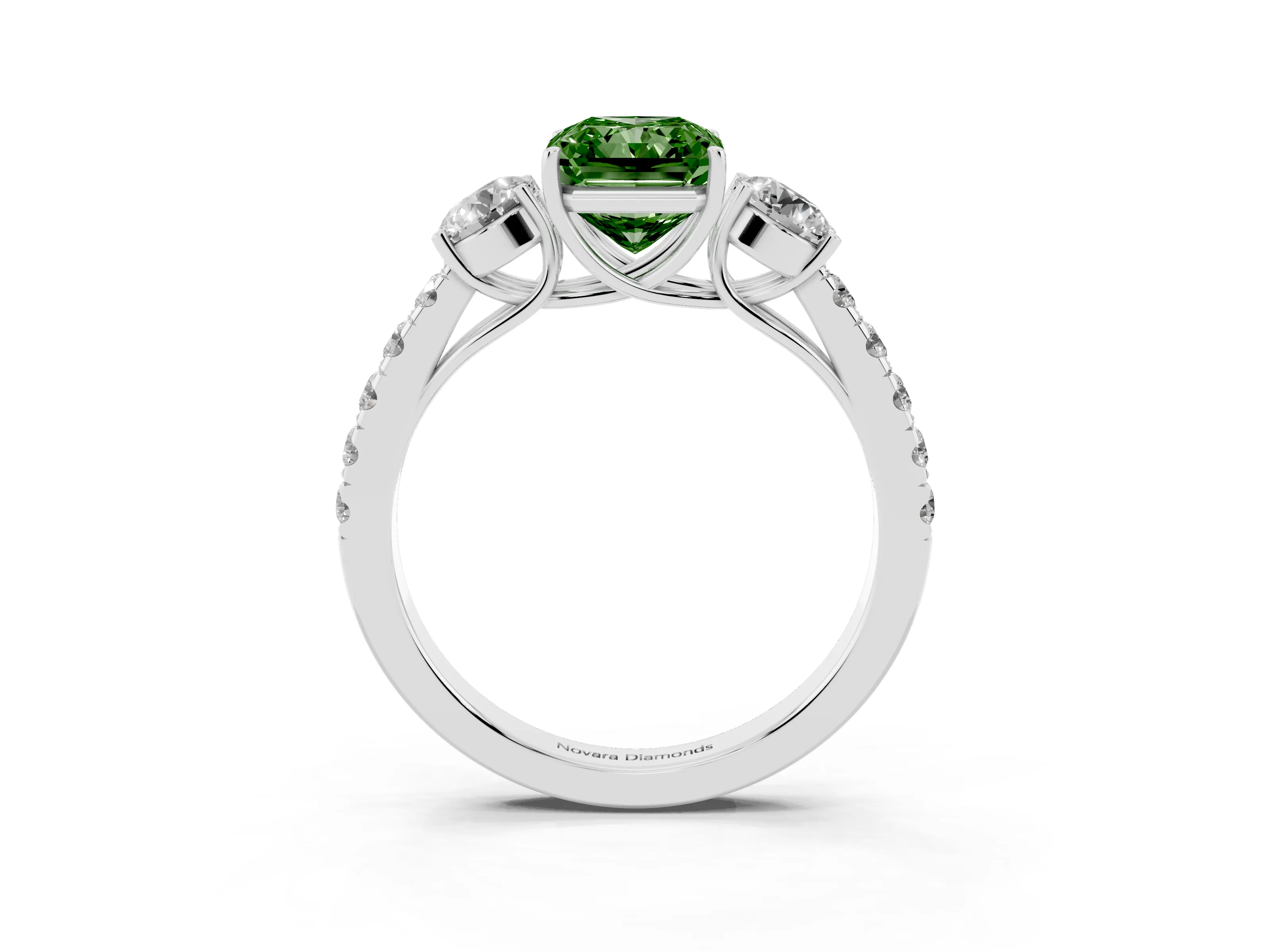 Fancy Green Radiant Cut Diamond Three-Stone Ring Set in Silver with Round Side Stones and Delicate Pavé Band