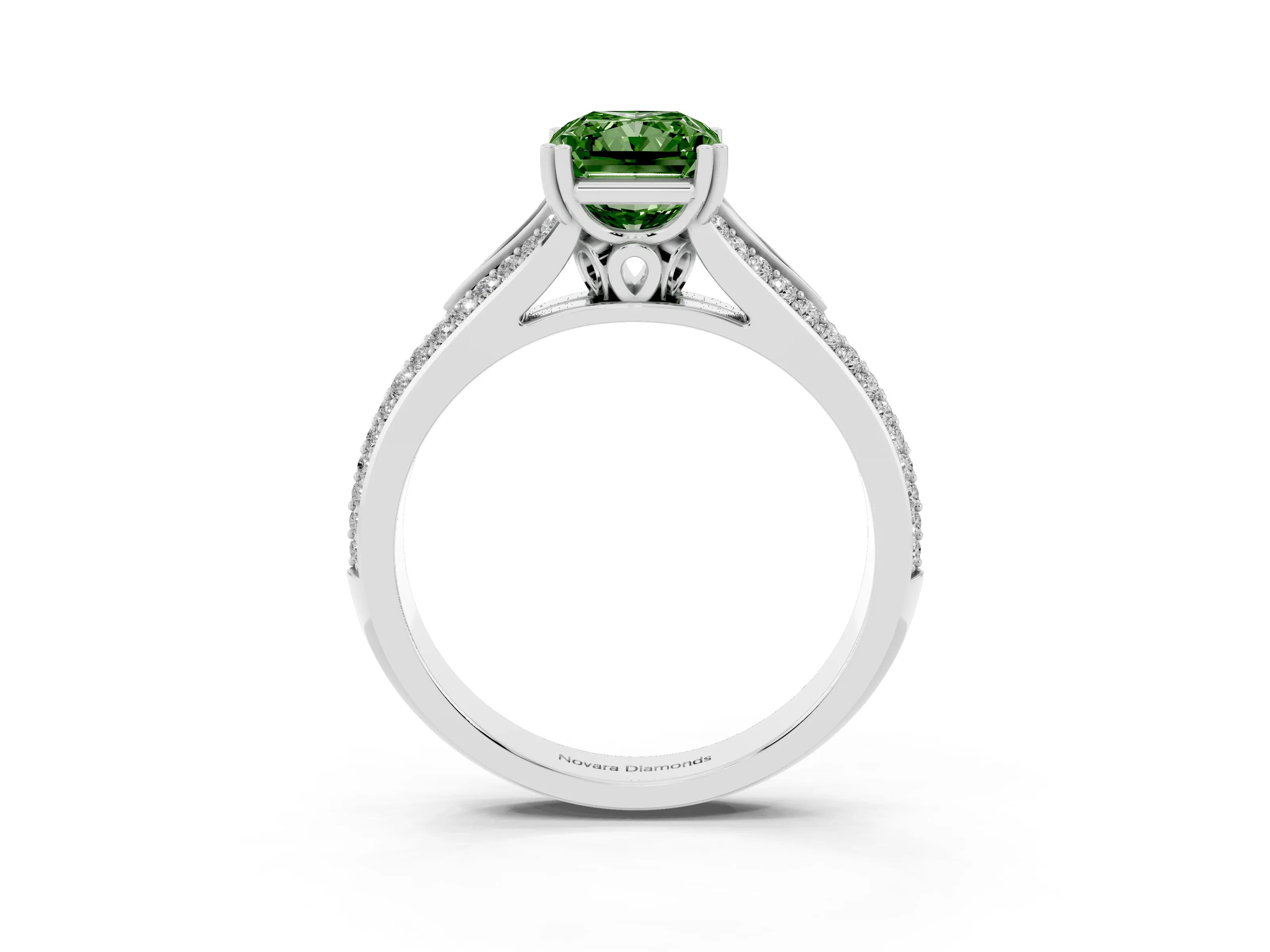 Fancy Green Radiant Cut Diamond Split Shank Pavé Engagement Ring Set in Platinum with Prong-Set Center Stone