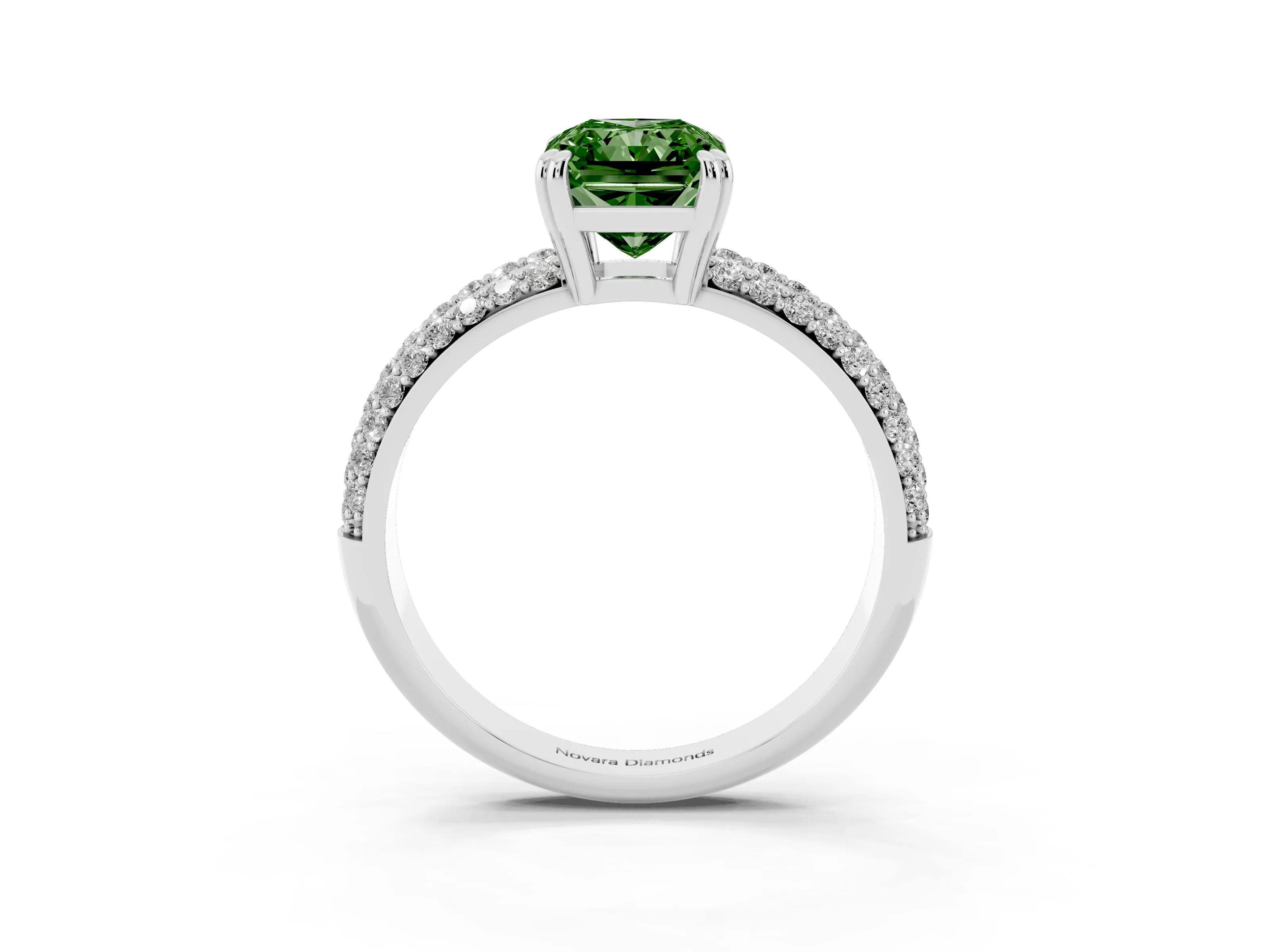 Fancy Green Radiant Cut Diamond Solitaire Ring Set in Platinum with Multi-Row Round Pavé Band and Prong Setting