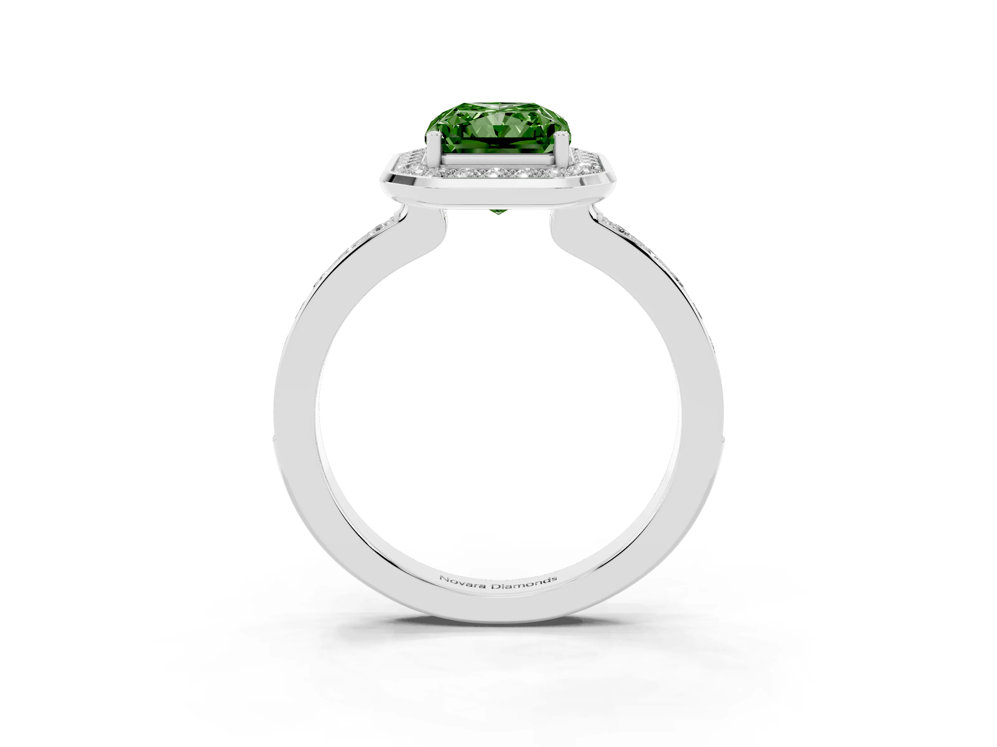Fancy Green Radiant Cut Diamond Halo Ring Set in Silver with Bezel Frame and Pavé Band