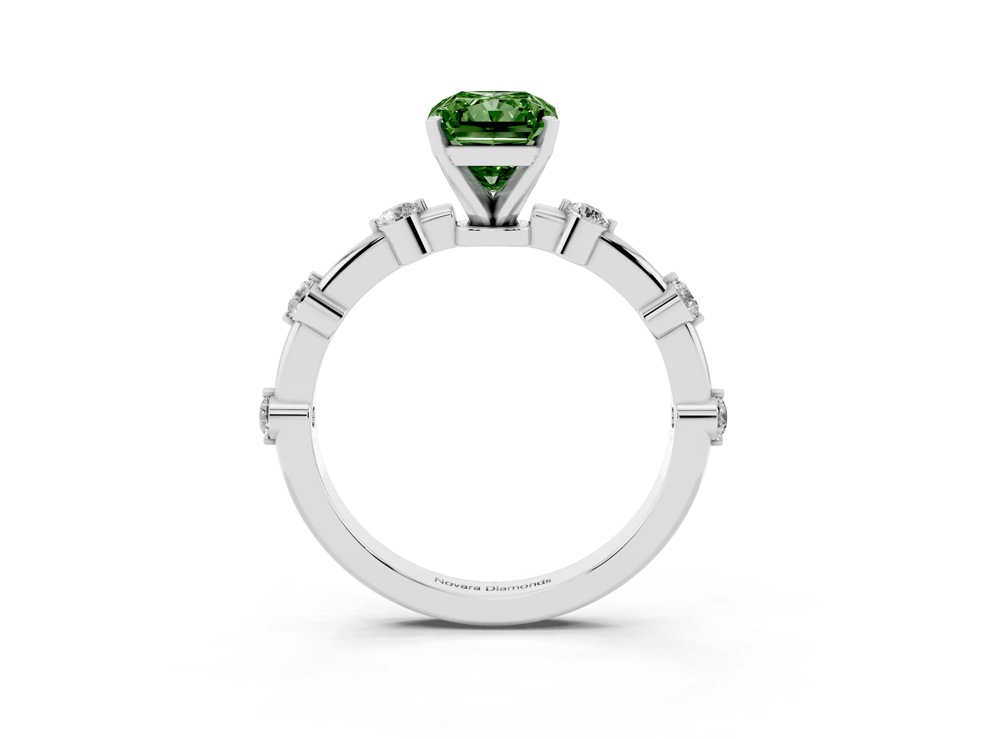 Fancy Green Radiant Cut Diamond Solitaire Ring Set in White gold with Bezel Set Side Stones and Prong Setting