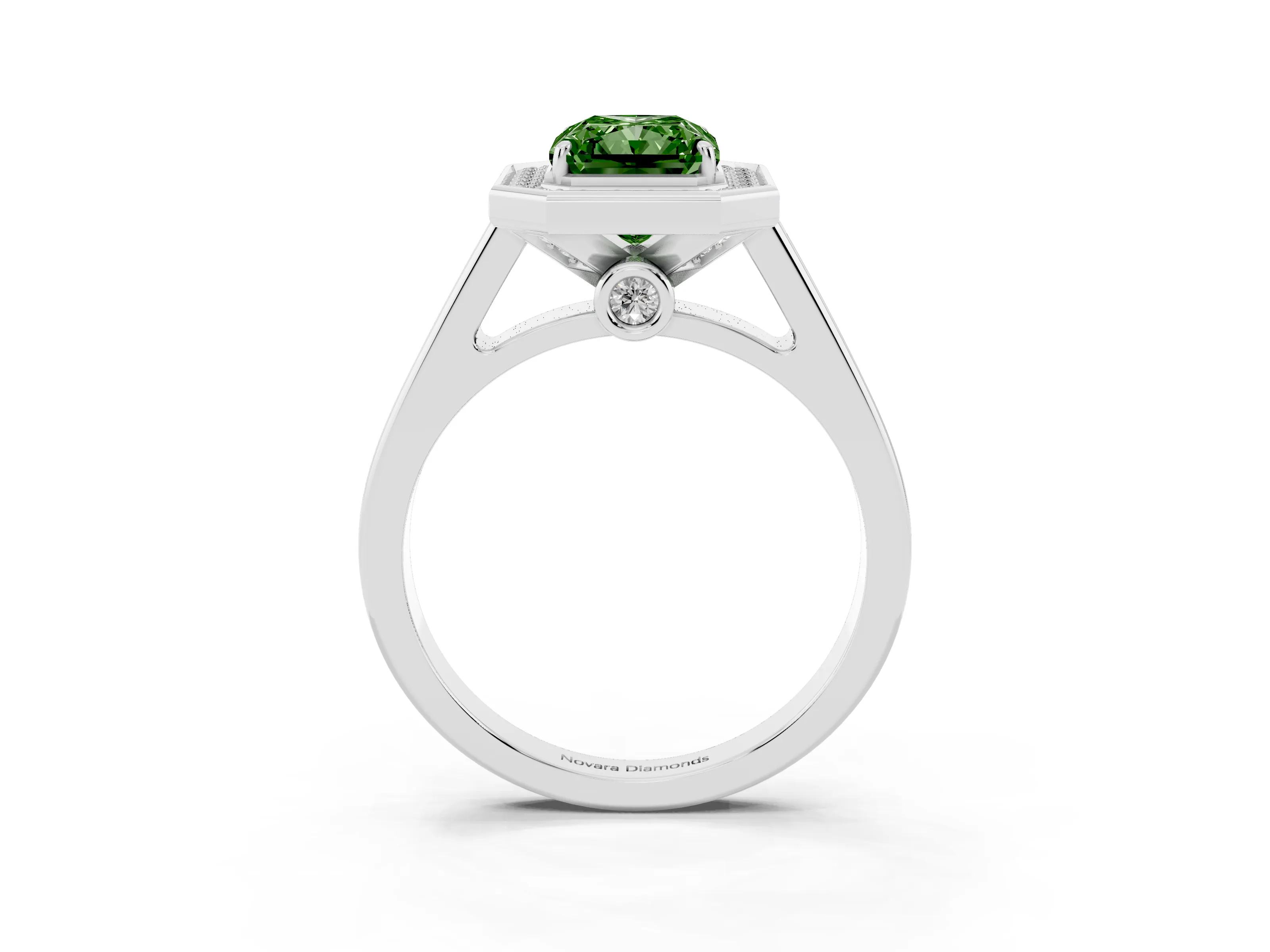 Fancy Green Radiant Cut Diamond Halo Solitaire Ring Set in Platinum with Pavé Band and Bezel Setting