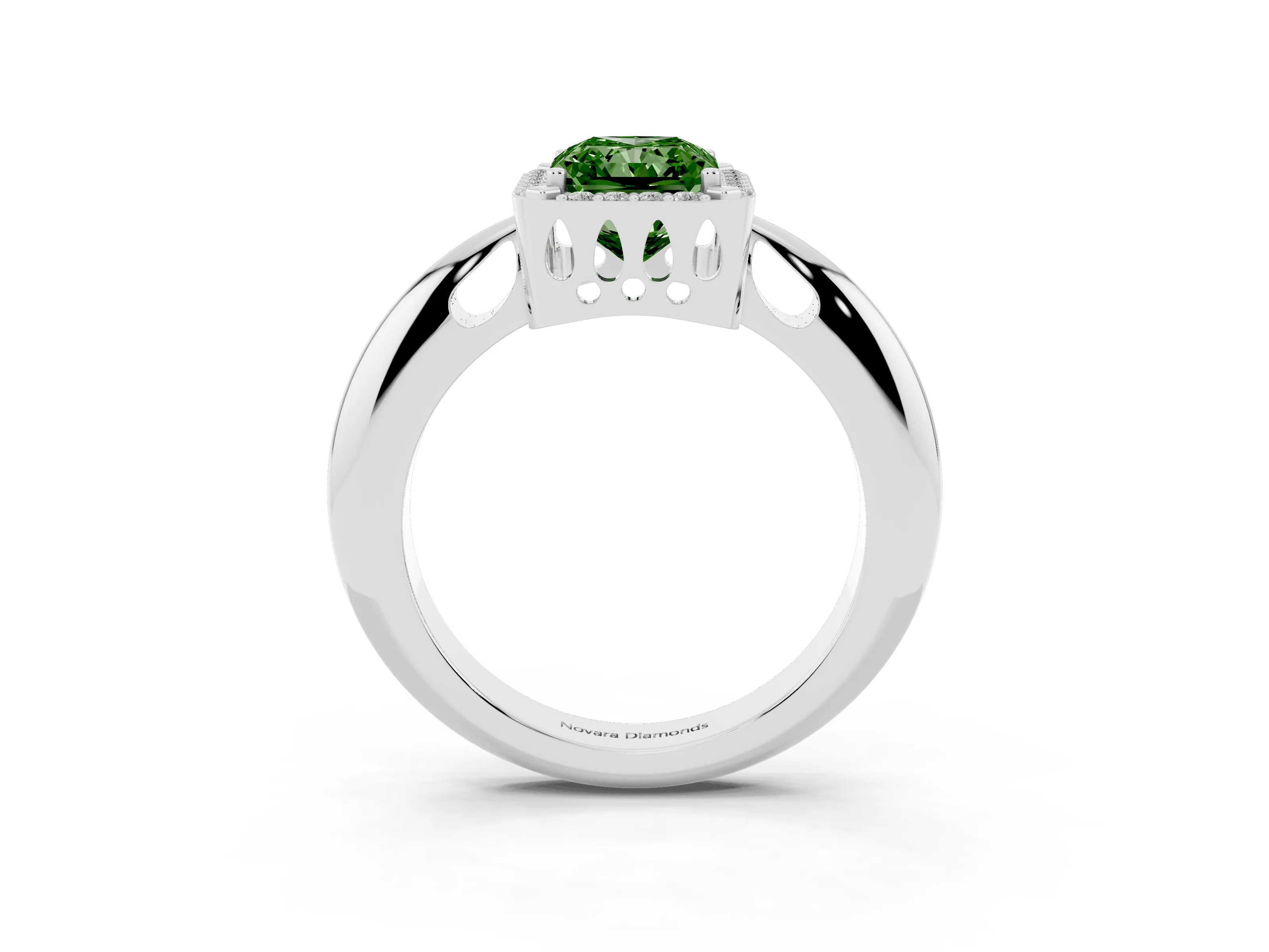 Fancy Green Radiant Cut Diamond Halo Engagement Ring Set in Platinum with Plain Split Shank and Prong Setting