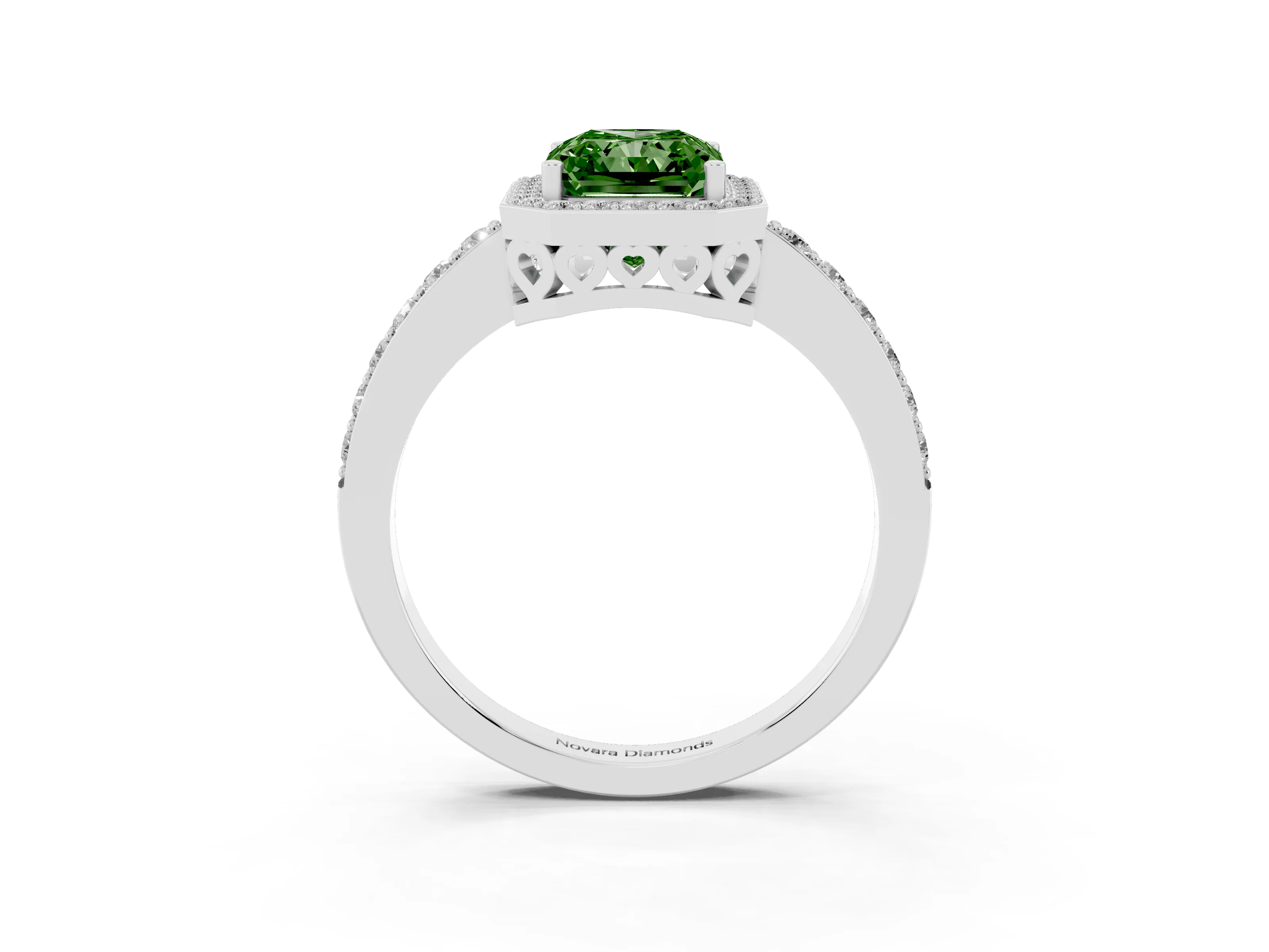 Fancy Green Radiant Cut Diamond Halo Ring Set in Silver with Pavé-Setting Band and Open Prong Center