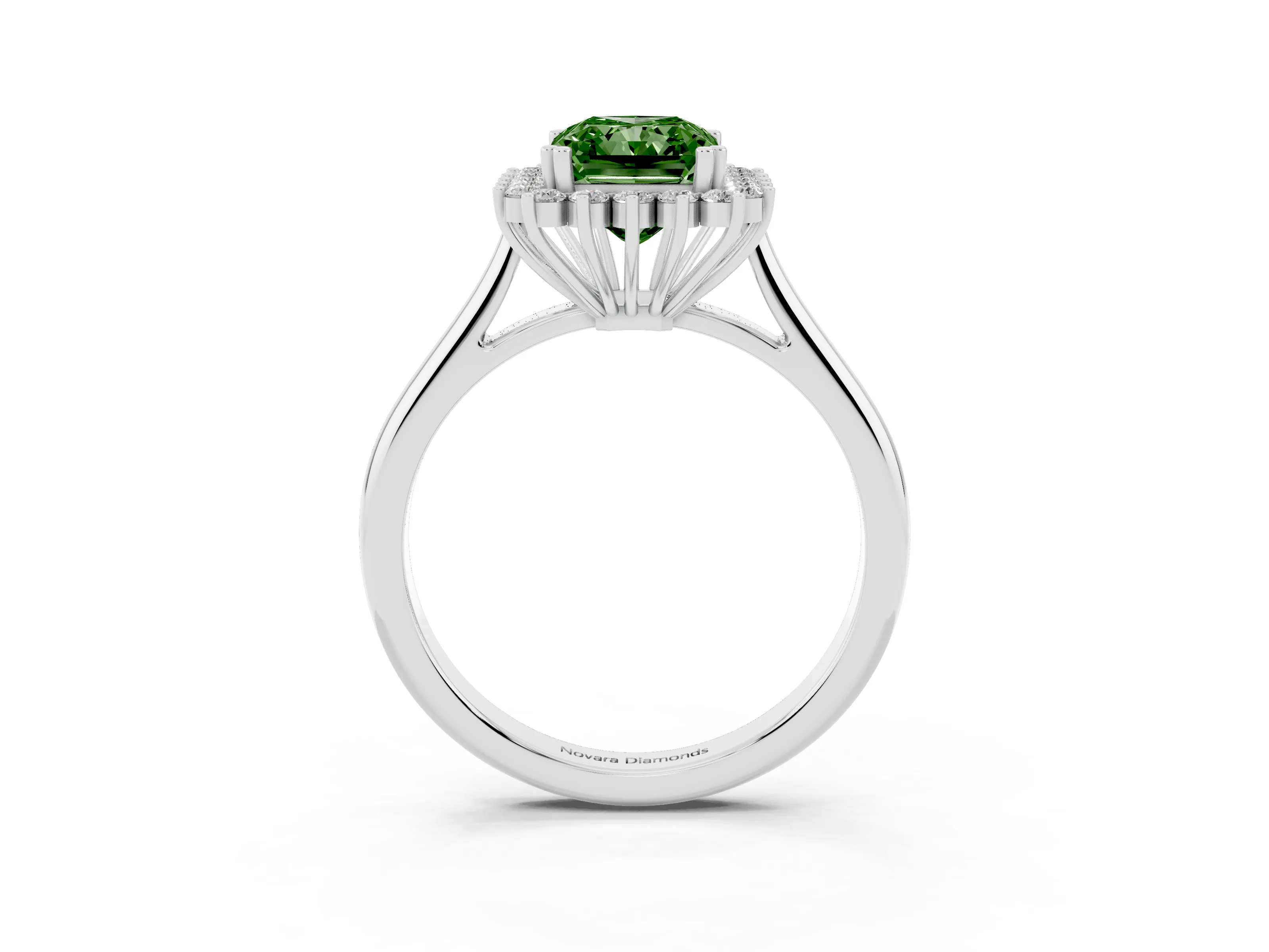 Fancy Green Radiant Cut Diamond Halo Ring Set in Silver with Plain Solitaire Band and Prong Setting