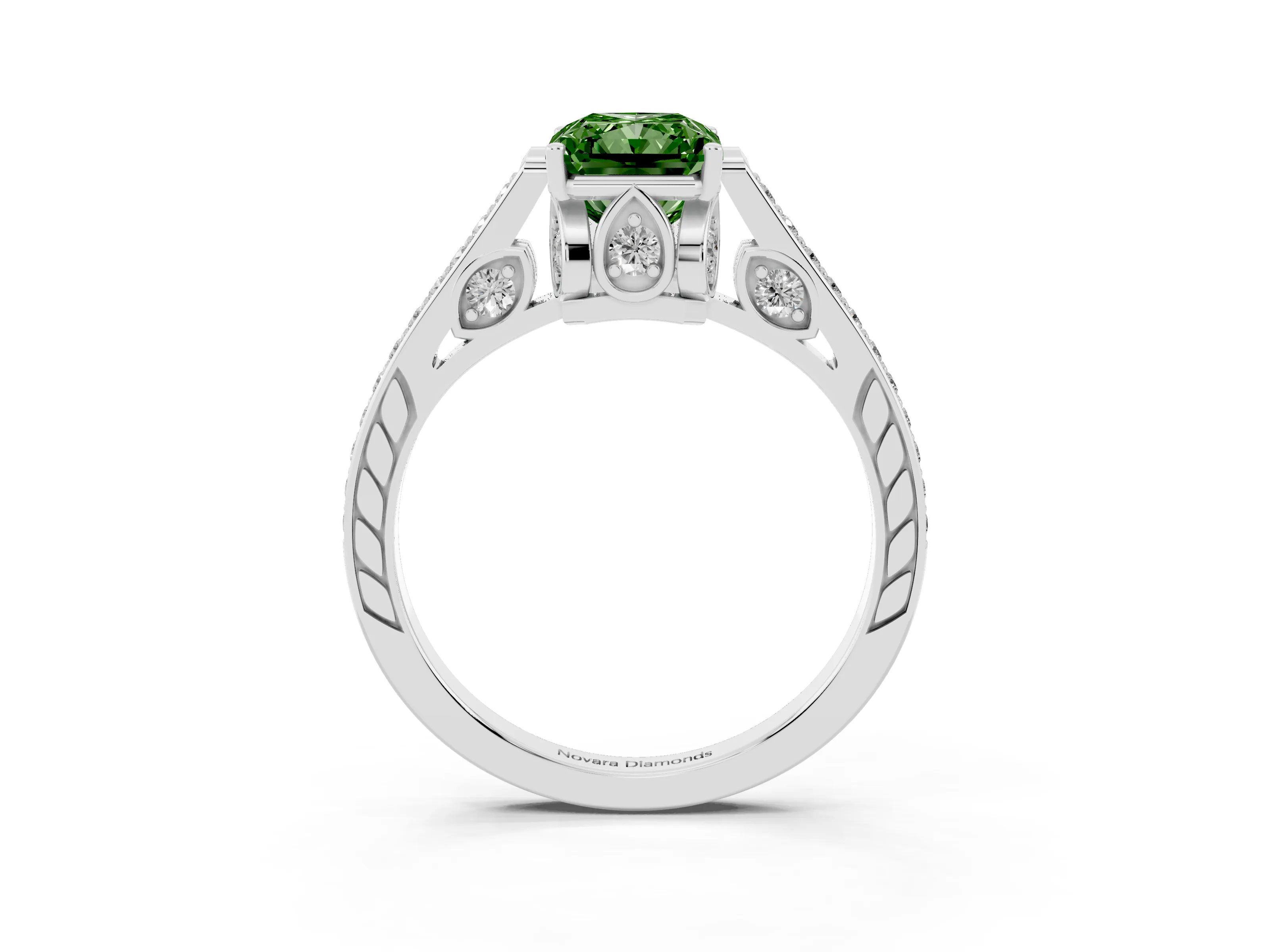 Fancy Green Radiant Cut Diamond Cathedral Pavé Engagement Ring Set in Platinum with Prong Setting