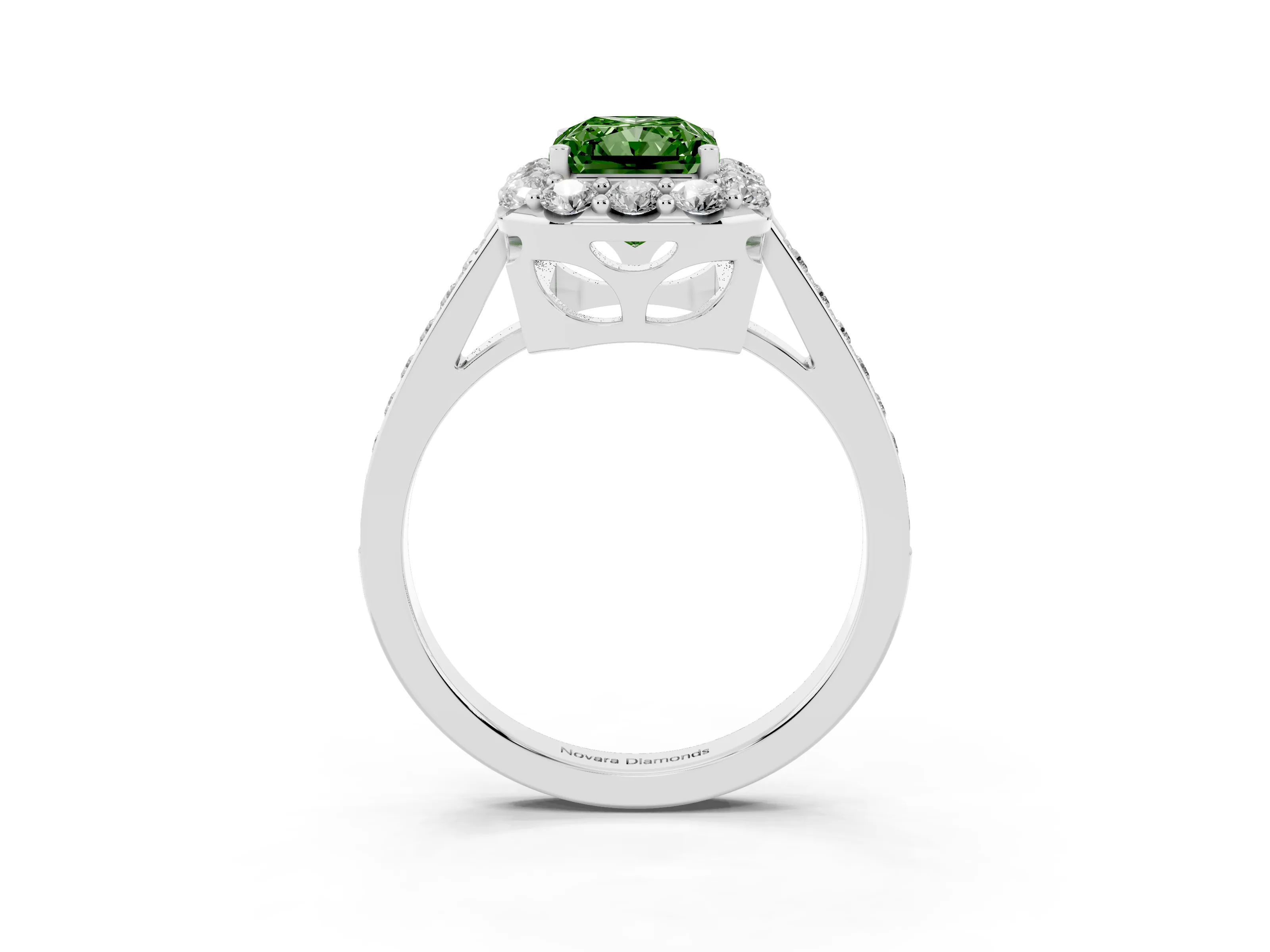 Fancy Green Radiant Cut Diamond Floral Halo Ring Set in Platinum with Pavé Band and Prong Setting