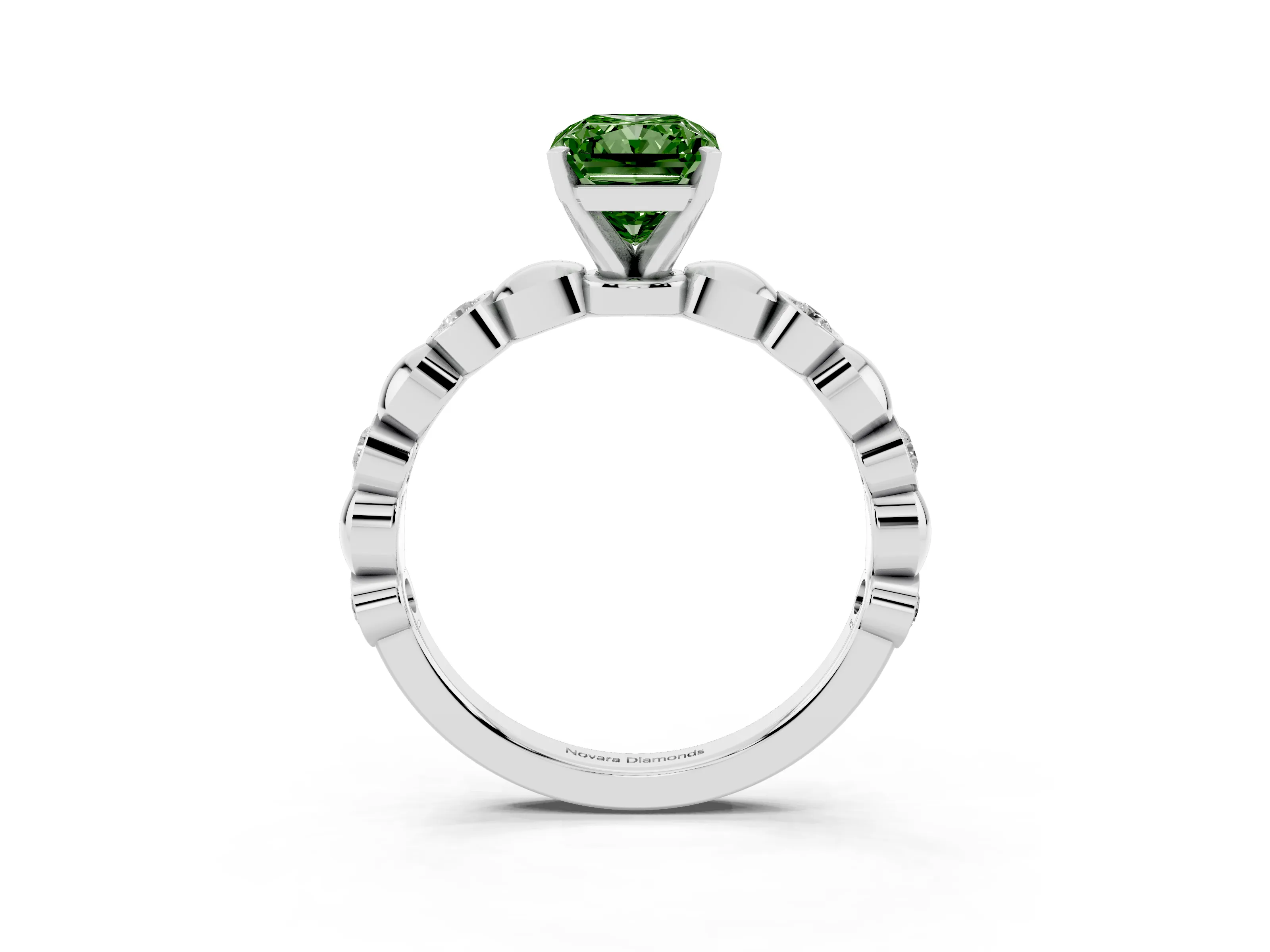 Fancy Green Radiant Cut Diamond Solitaire Ring Set in White gold with Bezel-Set Accents on Beaded Band and Prong Setting