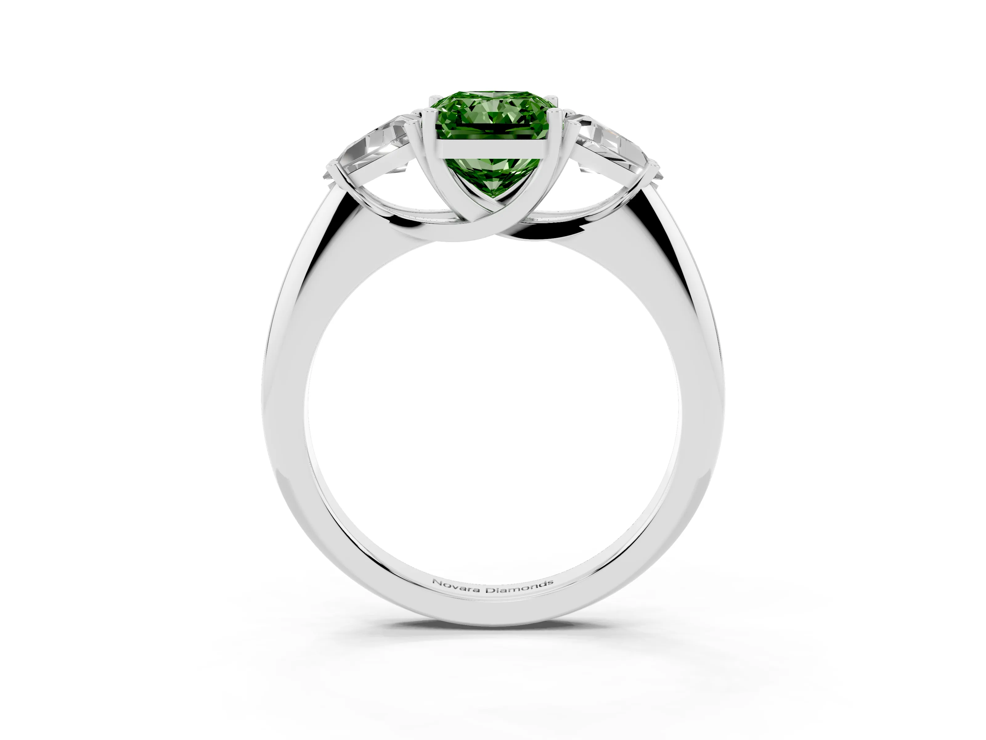 Fancy Green Radiant Cut Diamond Three-Stone Engagement Ring Set in Platinum with Trillion Side Stones