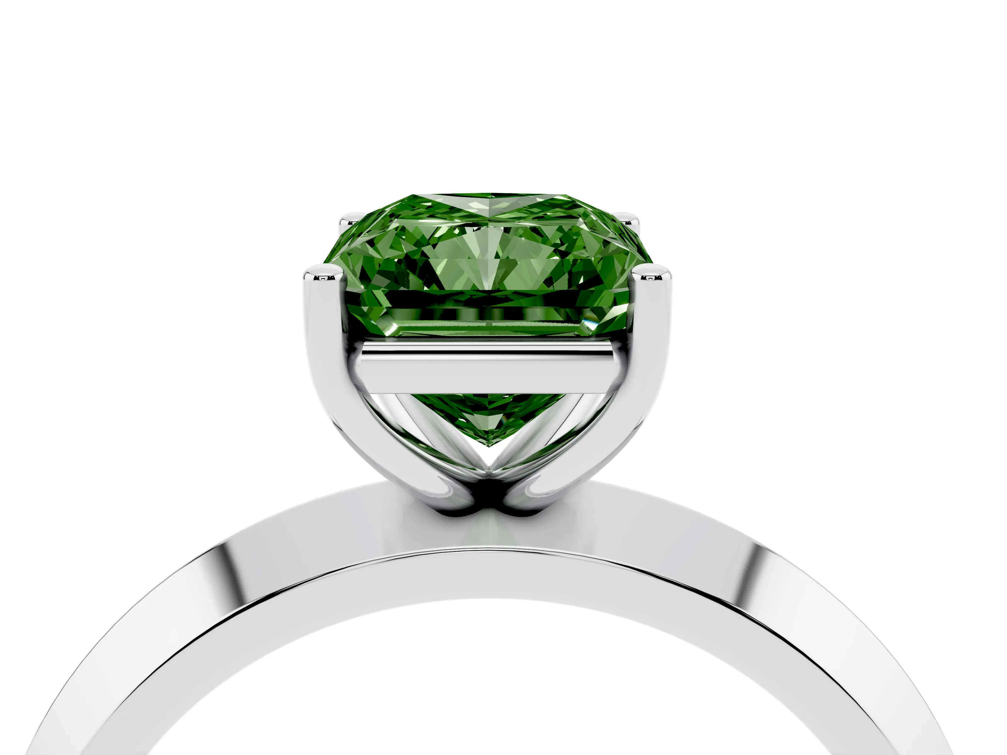 Fancy Green Radiant Cut Diamond Solitaire Engagement Ring Set in Silver with Flat Band and Prong Setting