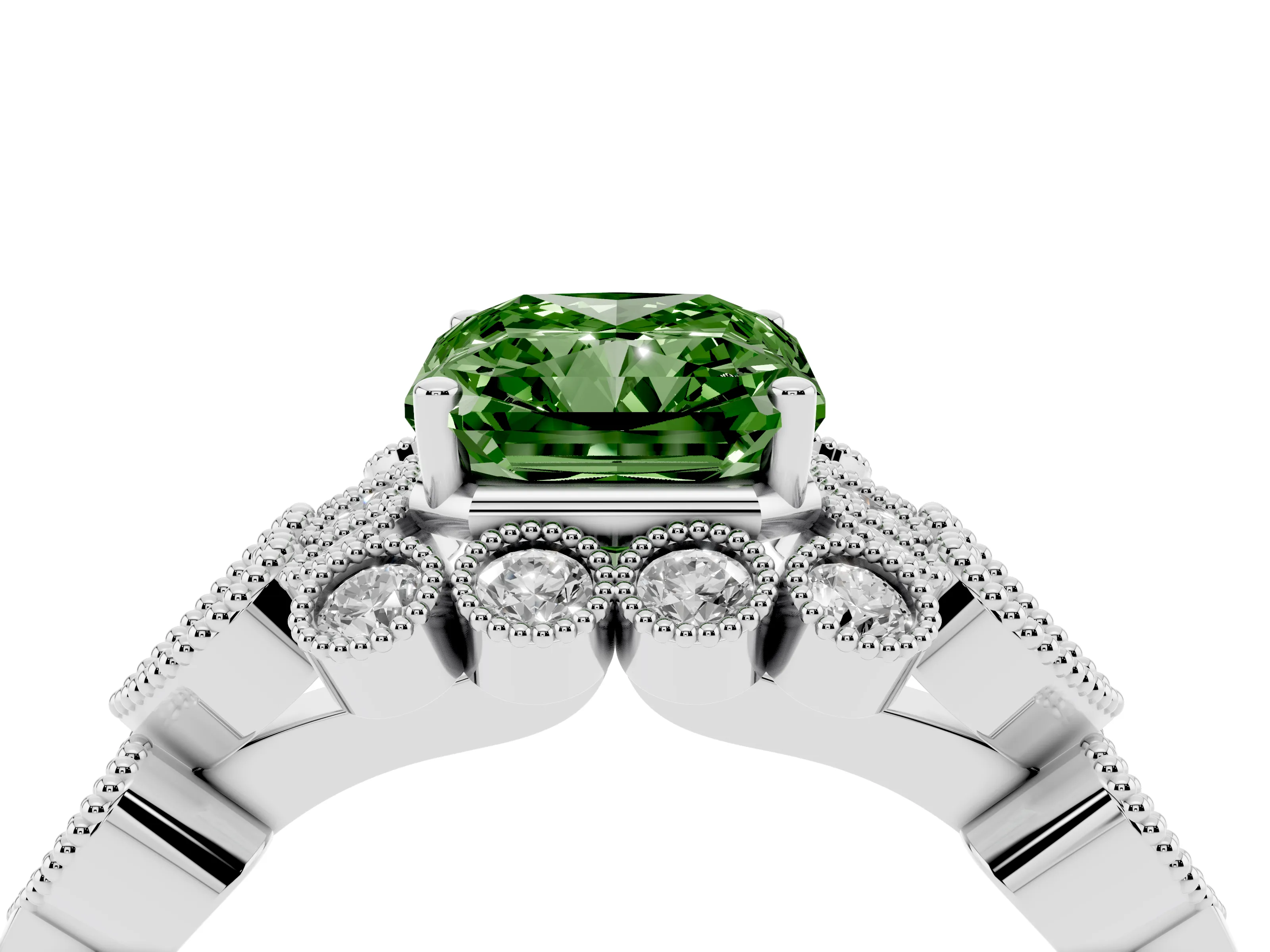 Fancy Green Radiant Cut Diamond Solitaire Ring Set in Silver with Milgrain Pavé Heart Band