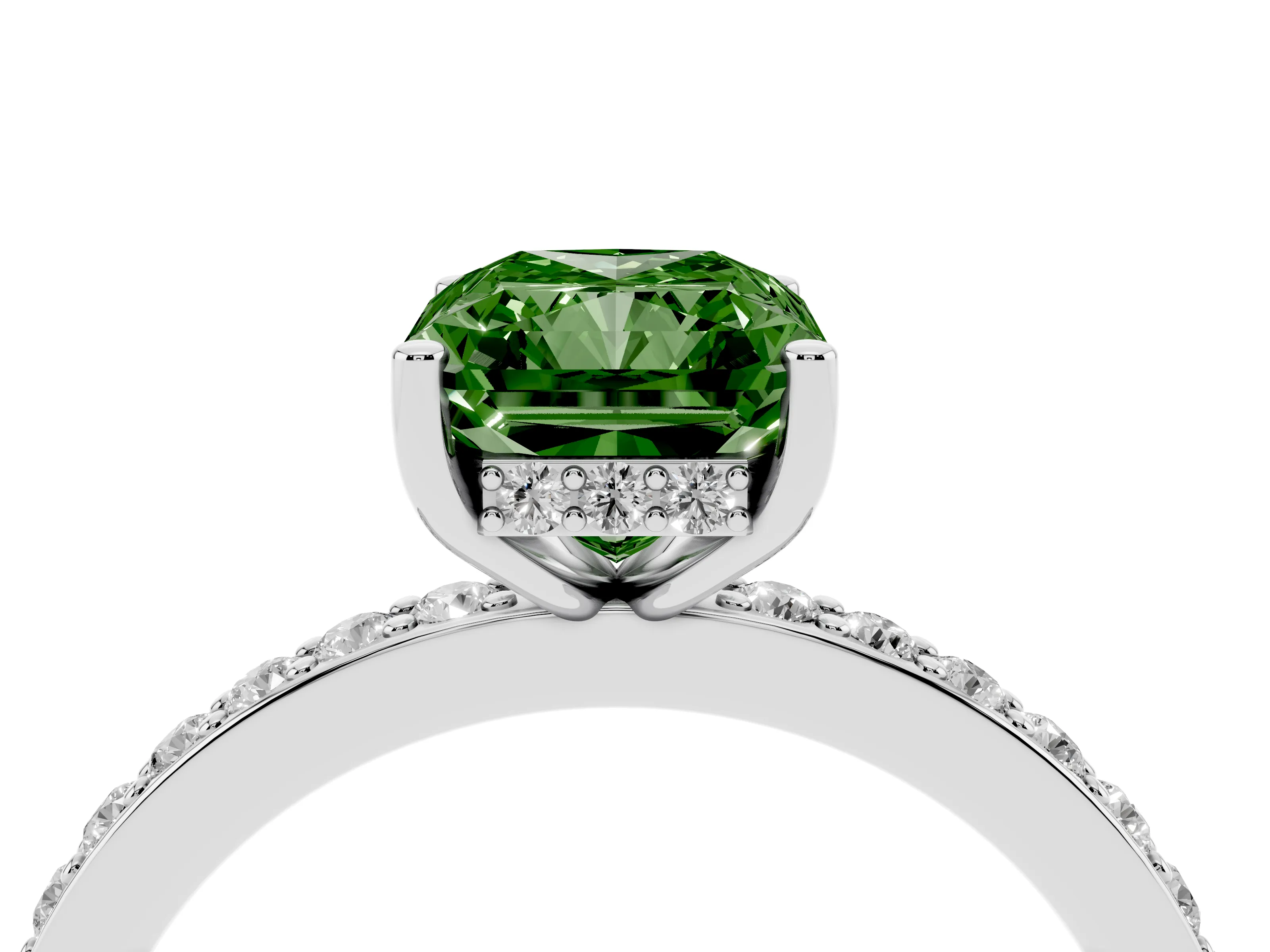 Fancy Green Radiant Cut Diamond Pavé Band Ring Set in Silver with Prong-Set Center Stone