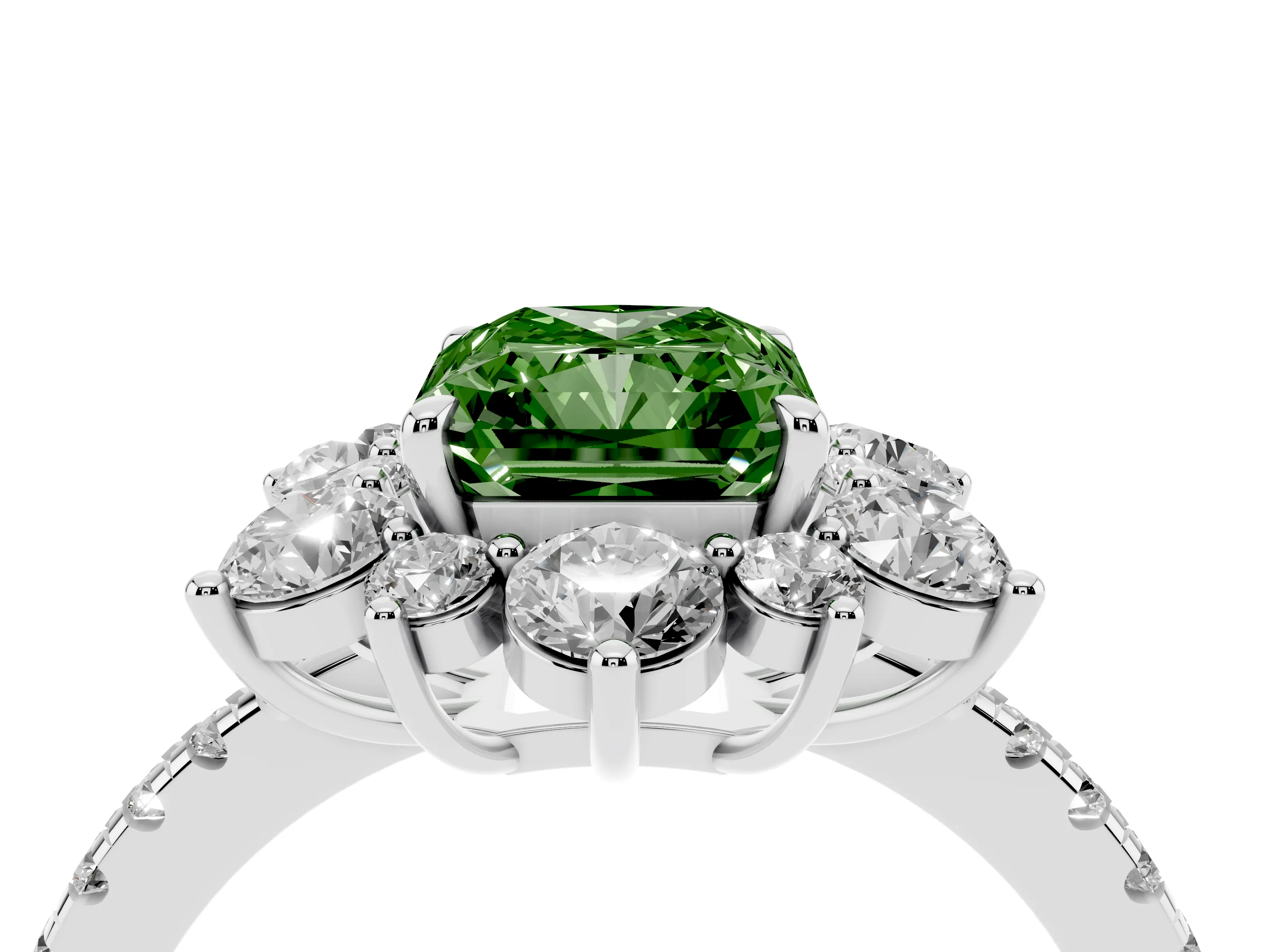 Fancy Green Radiant Cut Diamond Floral Halo Ring Set in Silver with Round Pavé Band and Prong Setting
