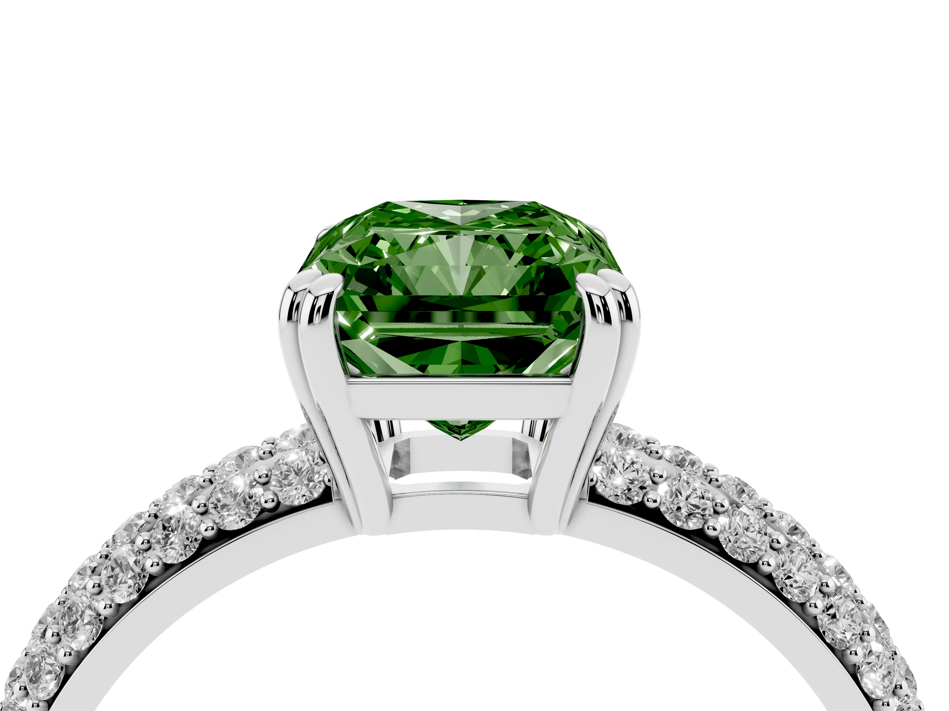 Fancy Green Radiant Cut Diamond Solitaire Ring Set in Platinum with Multi-Row Round Pavé Band and Prong Setting