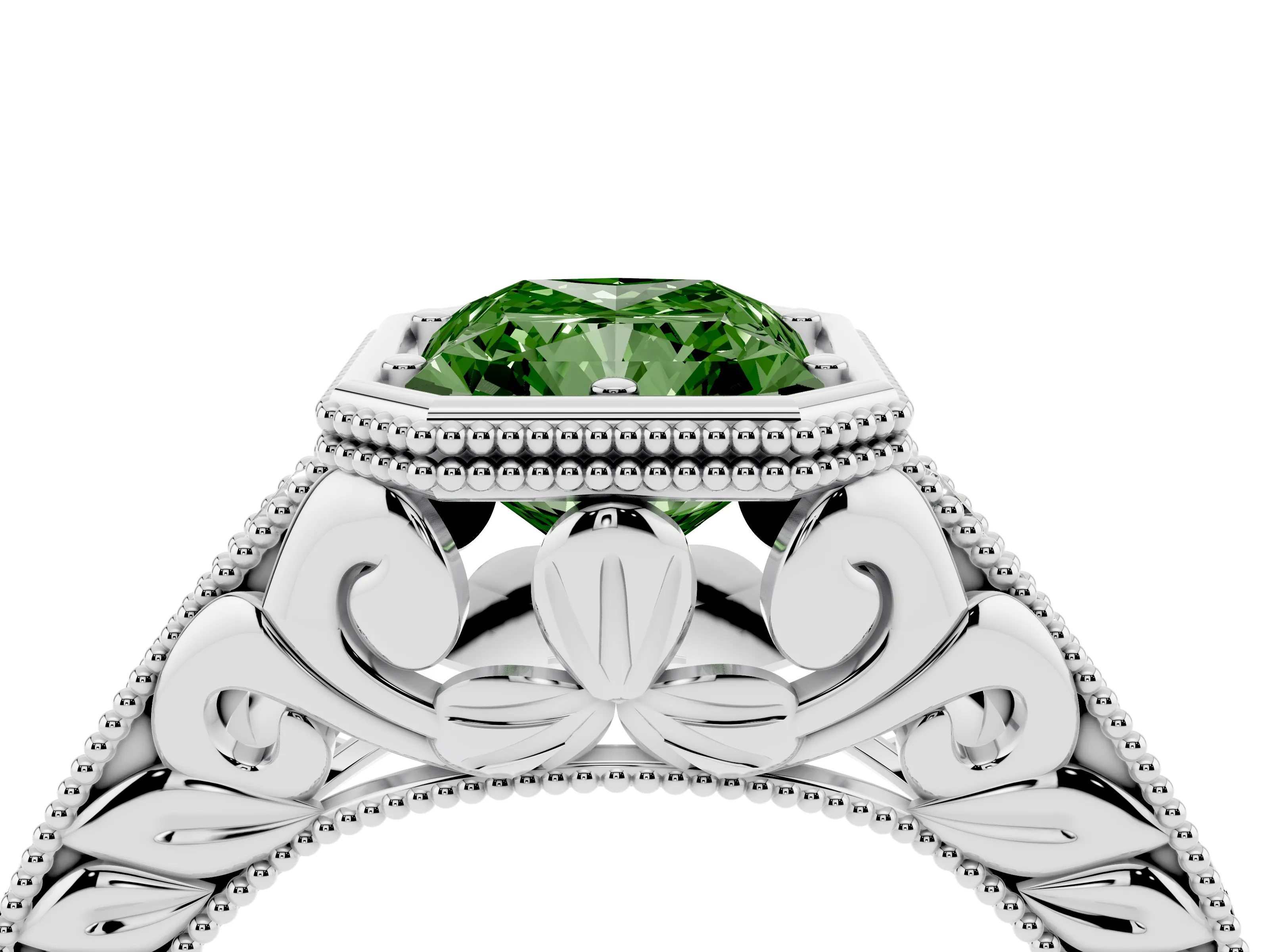 Fancy Green Bezel Set Radiant Cut Diamond Milgrain Pavé Engagement Ring Set in Platinum