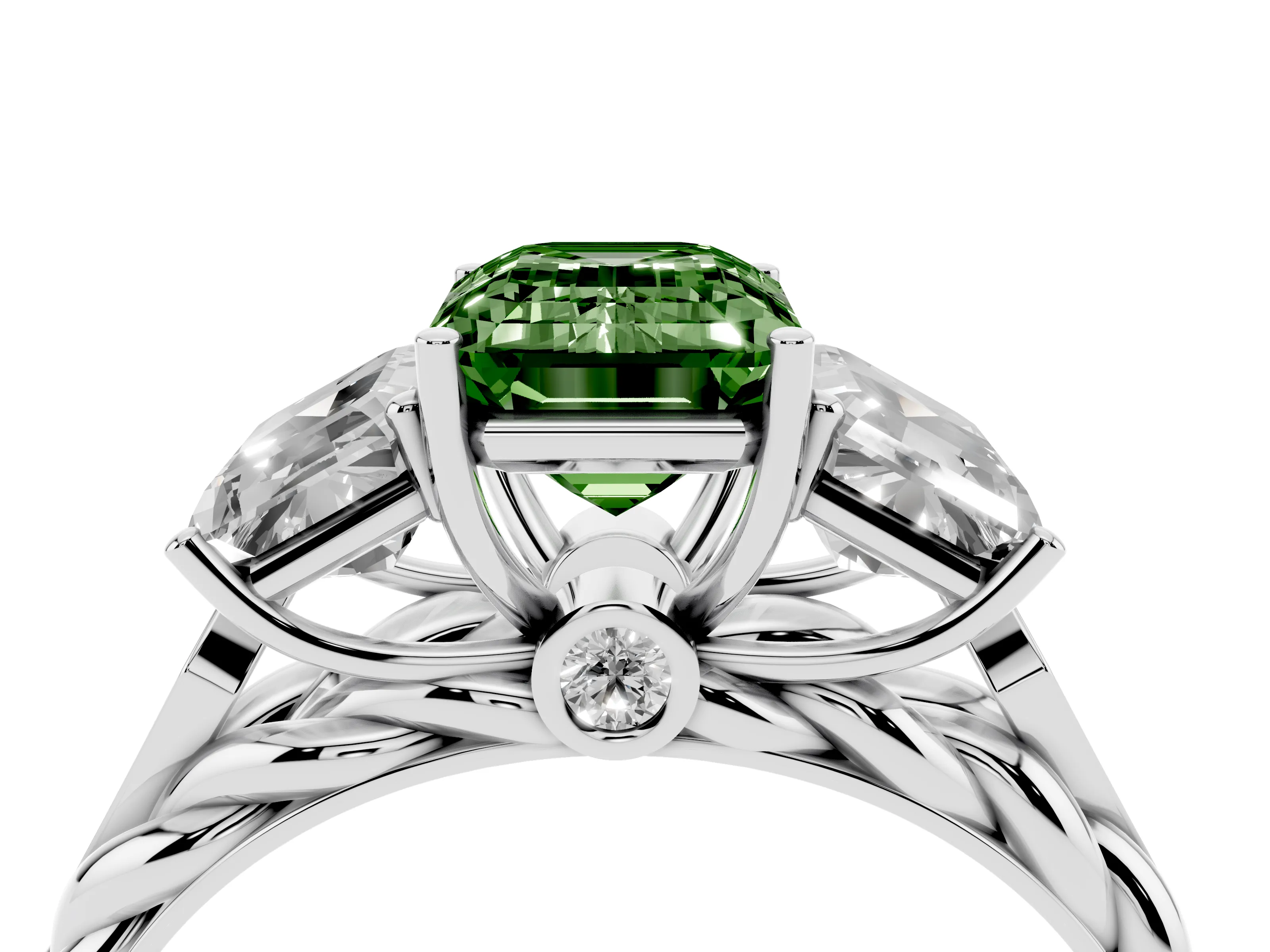 Fancy Green Radiant Cut Diamond Three-Stone Ring Set in Platinum with Braided Band