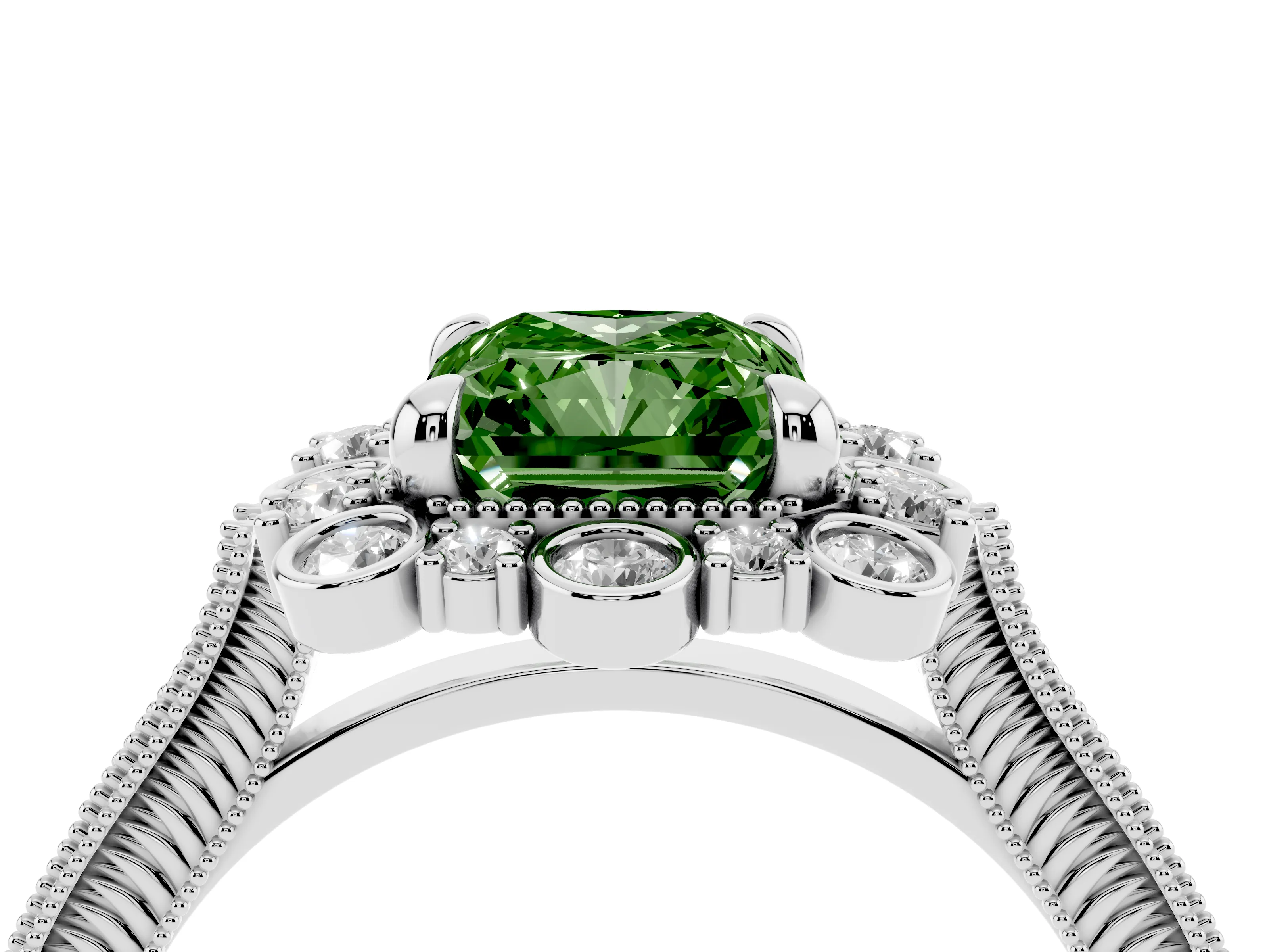 Fancy Green Radiant Cut Diamond Halo Milgrain Pavé Ring Set in Silver with Prong Setting