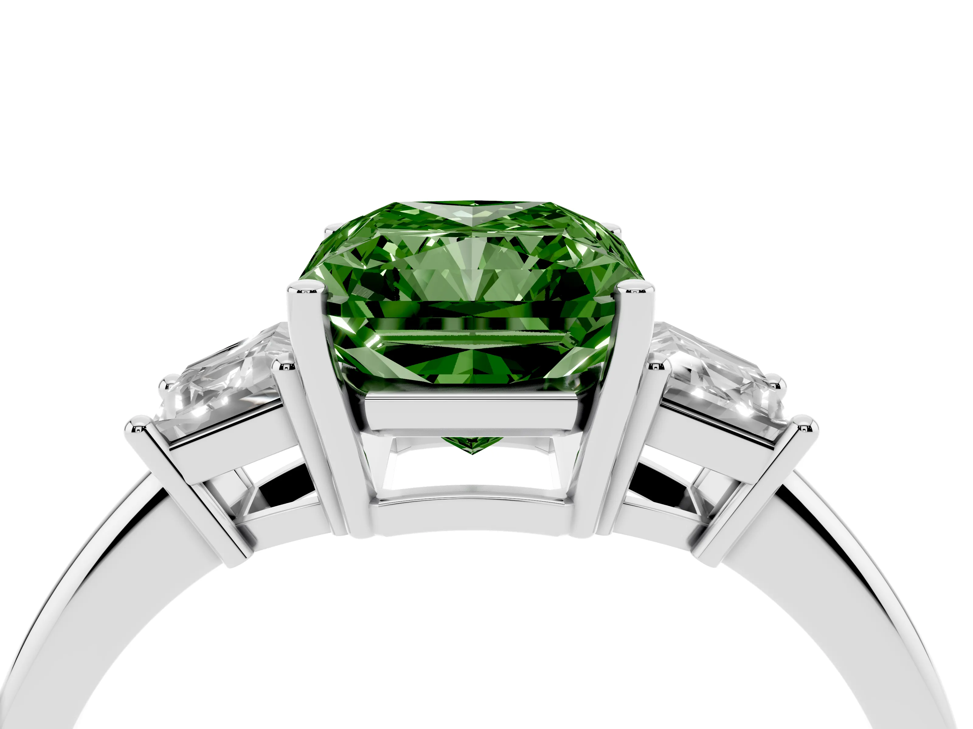 Fancy Green Radiant Cut Diamond Three-Stone Ring Set in Silver with Trapezoid Side Stones and Prong Setting