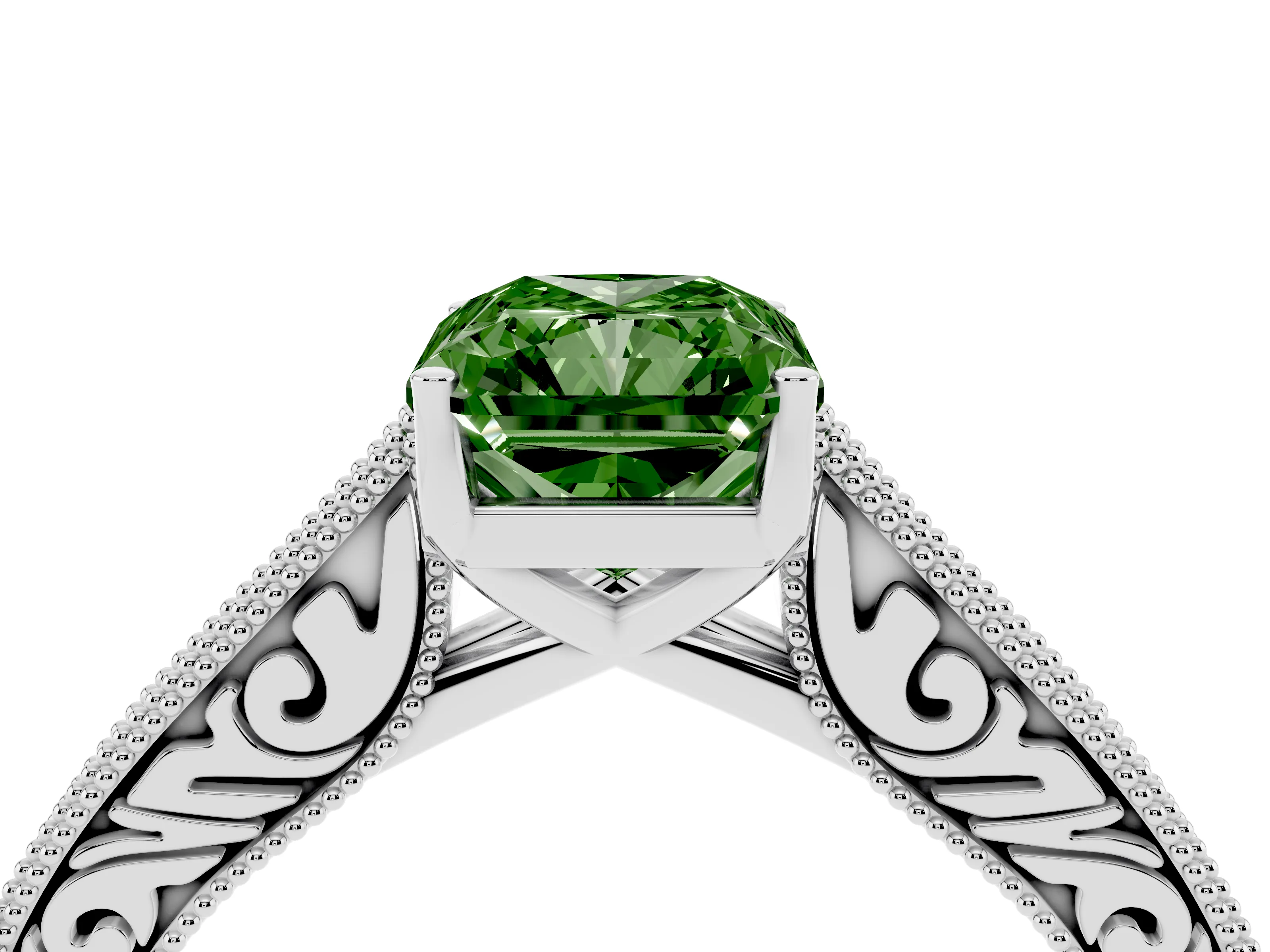 Fancy Green Radiant Cut Diamond Milgrain Pavé Band Solitaire Ring Set in Silver with Prong Setting